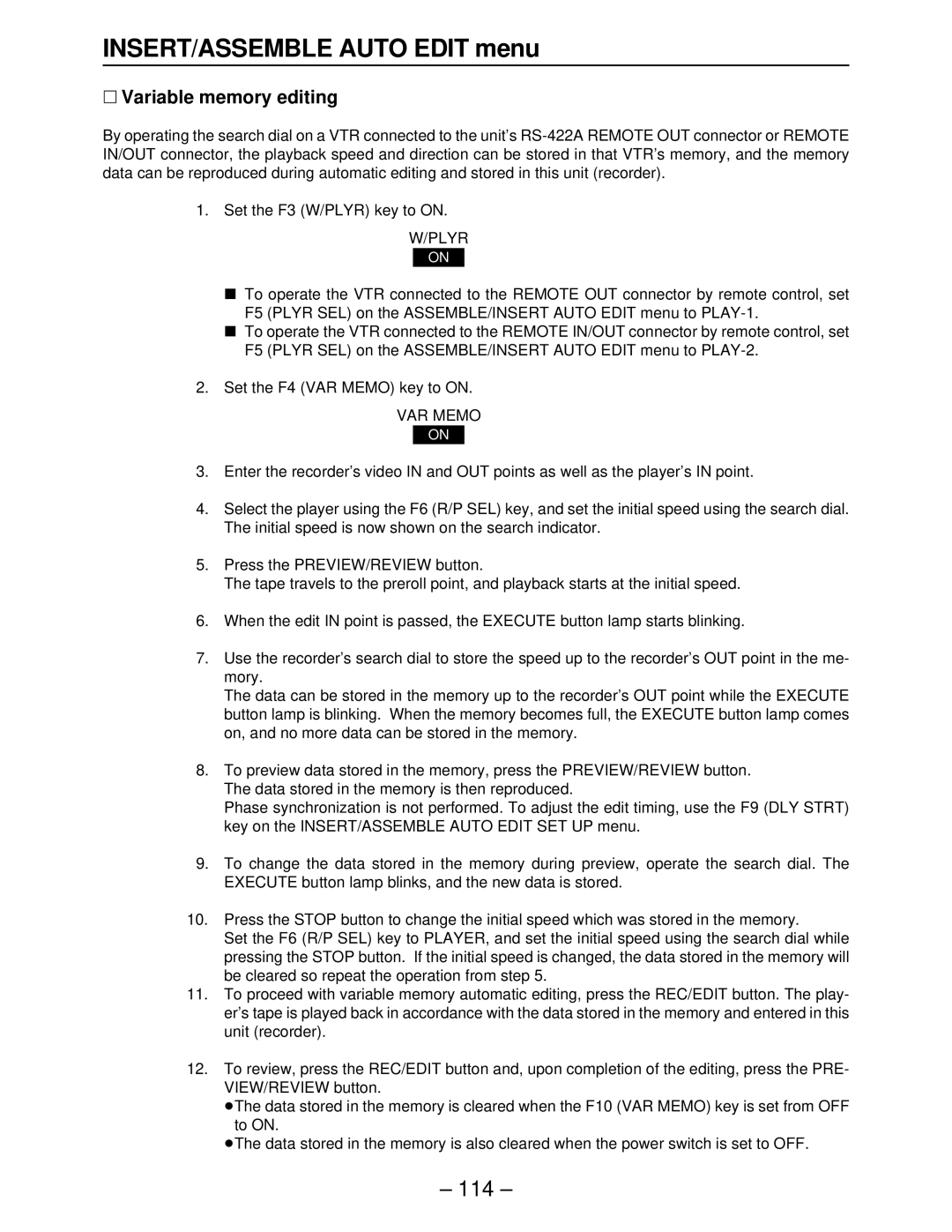 Panasonic AJ-HD3000, AJ-HD2000, AJ-HD2700, AJ-HD3700A, AJ-HD3700BE manual ∑ Variable memory editing 