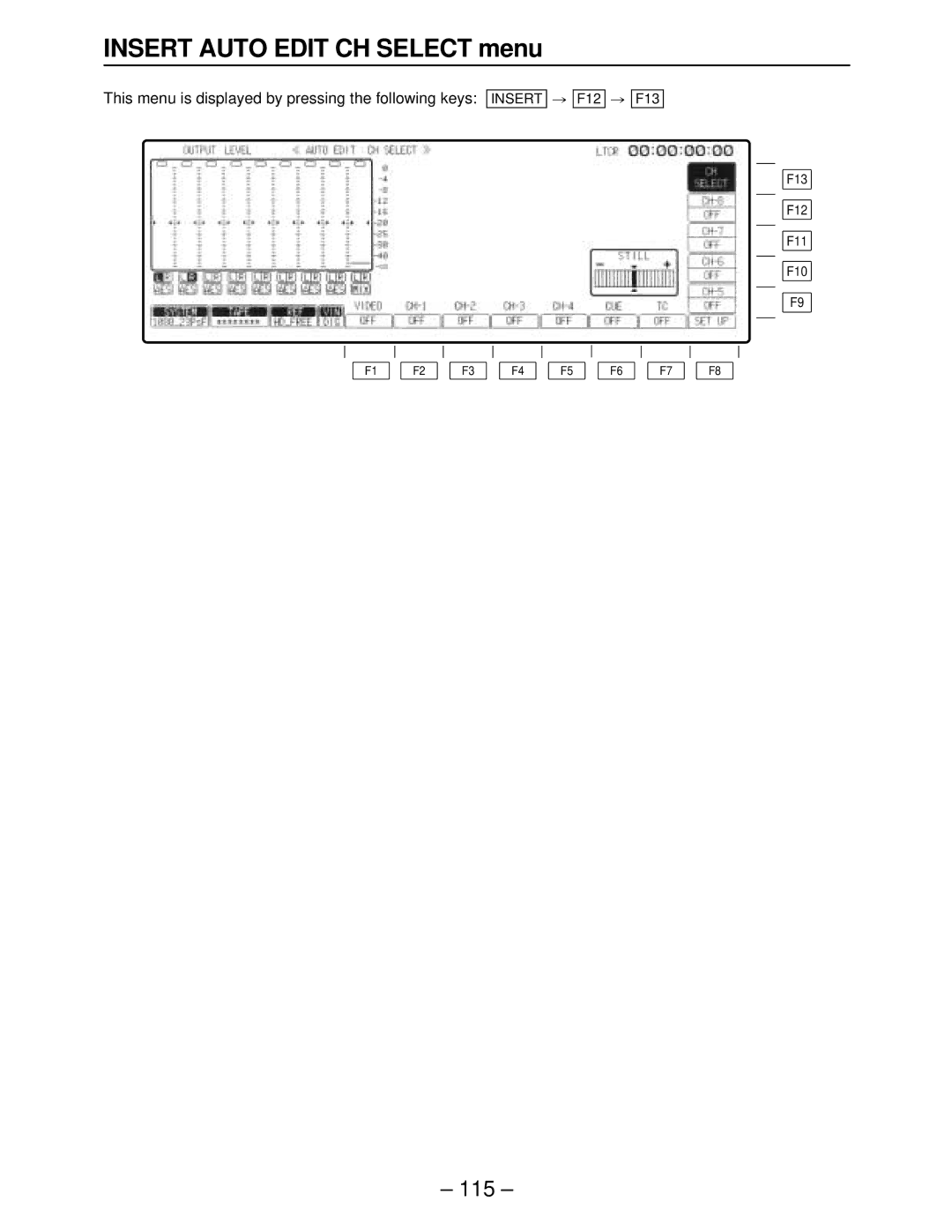 Panasonic AJ-HD2000, AJ-HD3000 manual Insert Auto Edit CH Select menu, This menu is displayed by pressing the following keys 