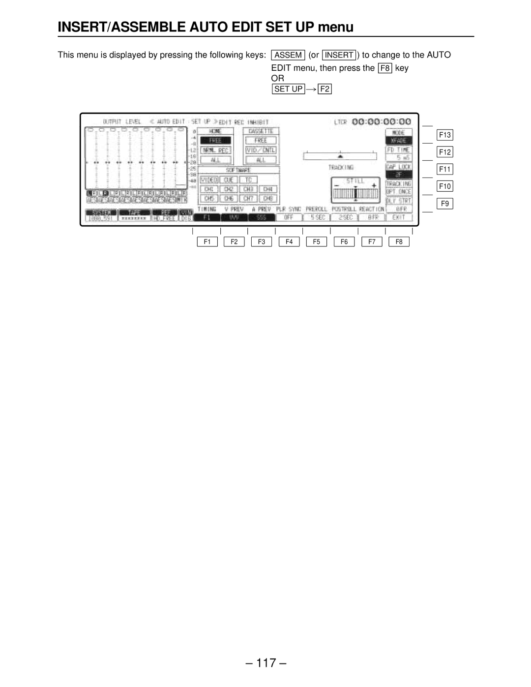 Panasonic AJ-HD3700A, AJ-HD3000, AJ-HD2000, AJ-HD2700, AJ-HD3700BE manual INSERT/ASSEMBLE Auto Edit SET UP menu 