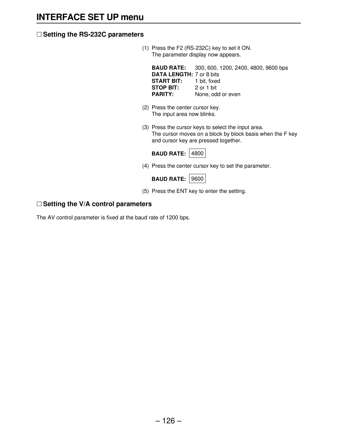 Panasonic AJ-HD3000, AJ-HD2000, AJ-HD2700 ∑ Setting the RS-232C parameters, ∑ Setting the V/A control parameters, Baud Rate 