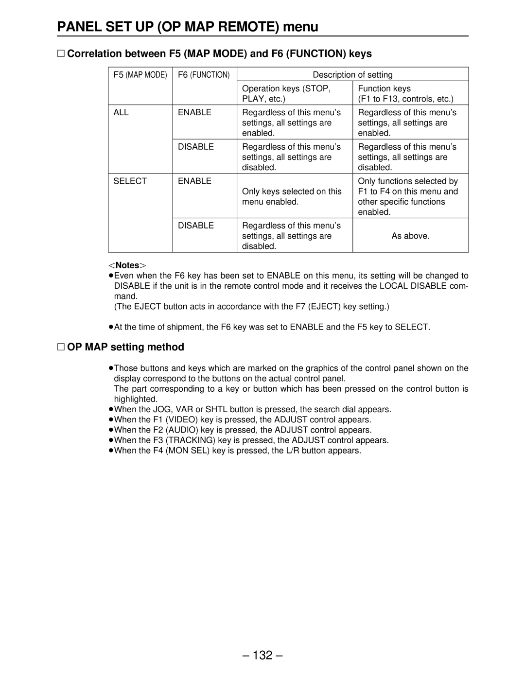 Panasonic AJ-HD3000, AJ-HD2000, AJ-HD2700 ∑ Correlation between F5 MAP Mode and F6 Function keys, ∑ OP MAP setting method 