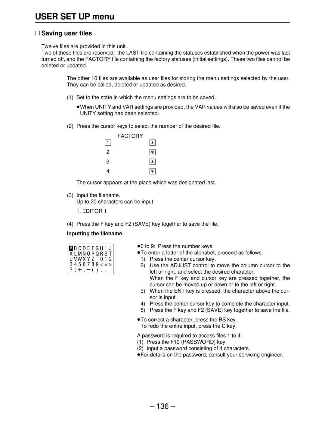 Panasonic AJ-HD3700 manual ∑ Saving user files, Factory, Editor, Press the F key and F2 Save key together to save the file 