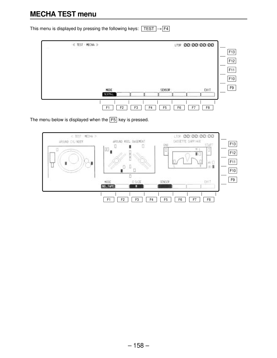 Panasonic AJ-HD2700, AJ-HD3000, AJ-HD2000, AJ-HD3700A Mecha Test menu, Menu below is displayed when the F5 Key is pressed 