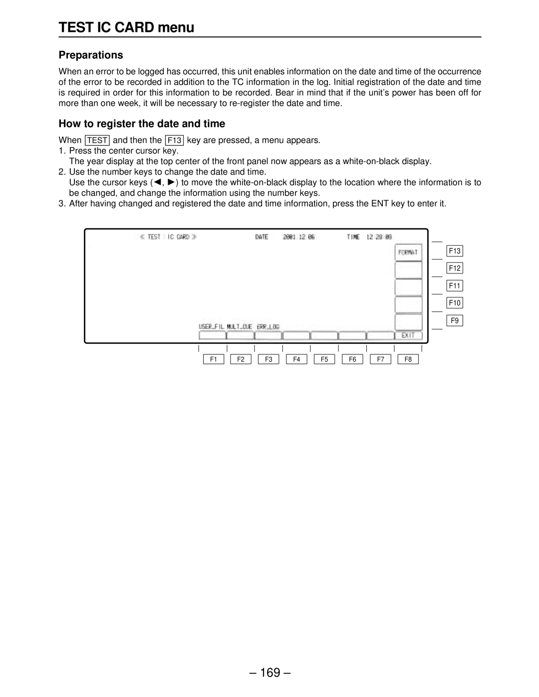 Panasonic AJ-HD2000, AJ-HD3000, AJ-HD2700, AJ-HD3700A Test IC Card menu, Preparations, How to register the date and time 