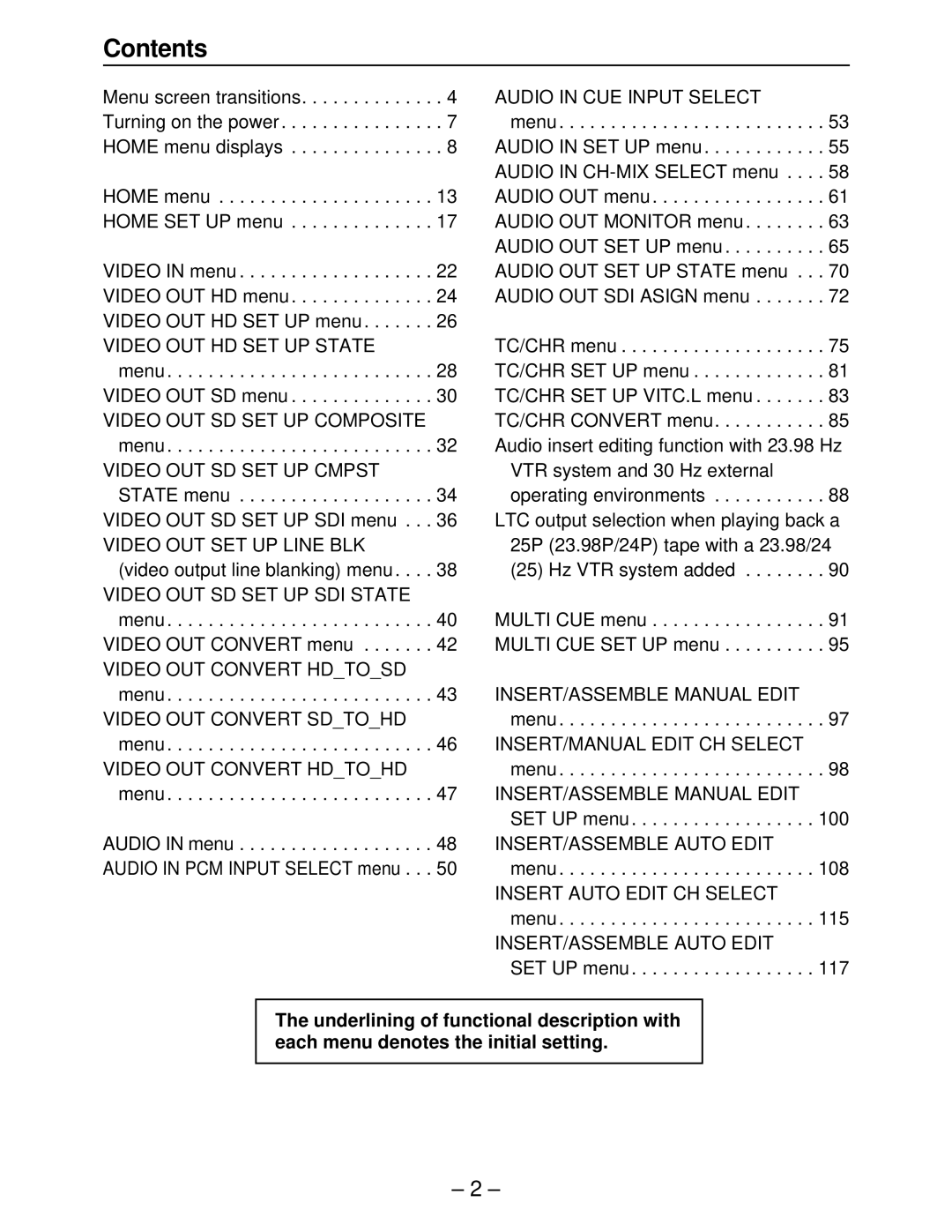 Panasonic AJ-HD2700, AJ-HD3000, AJ-HD2000, AJ-HD3700A, AJ-HD3700BE manual Contents 