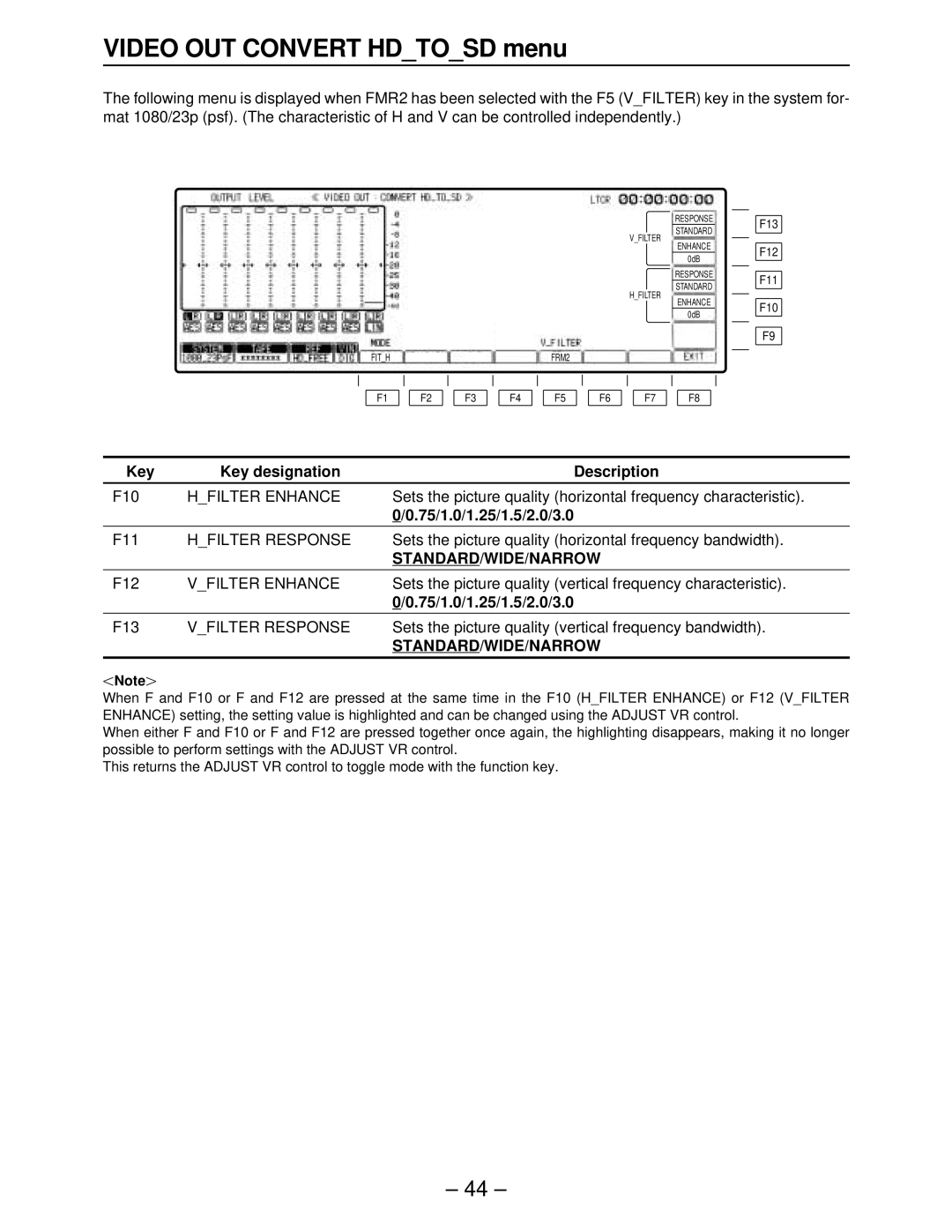 Panasonic AJ-HD2700 manual Hfilter Enhance, 75/1.0/1.25/1.5/2.0/3.0, Hfilter Response, Vfilter Enhance, Vfilter Response 