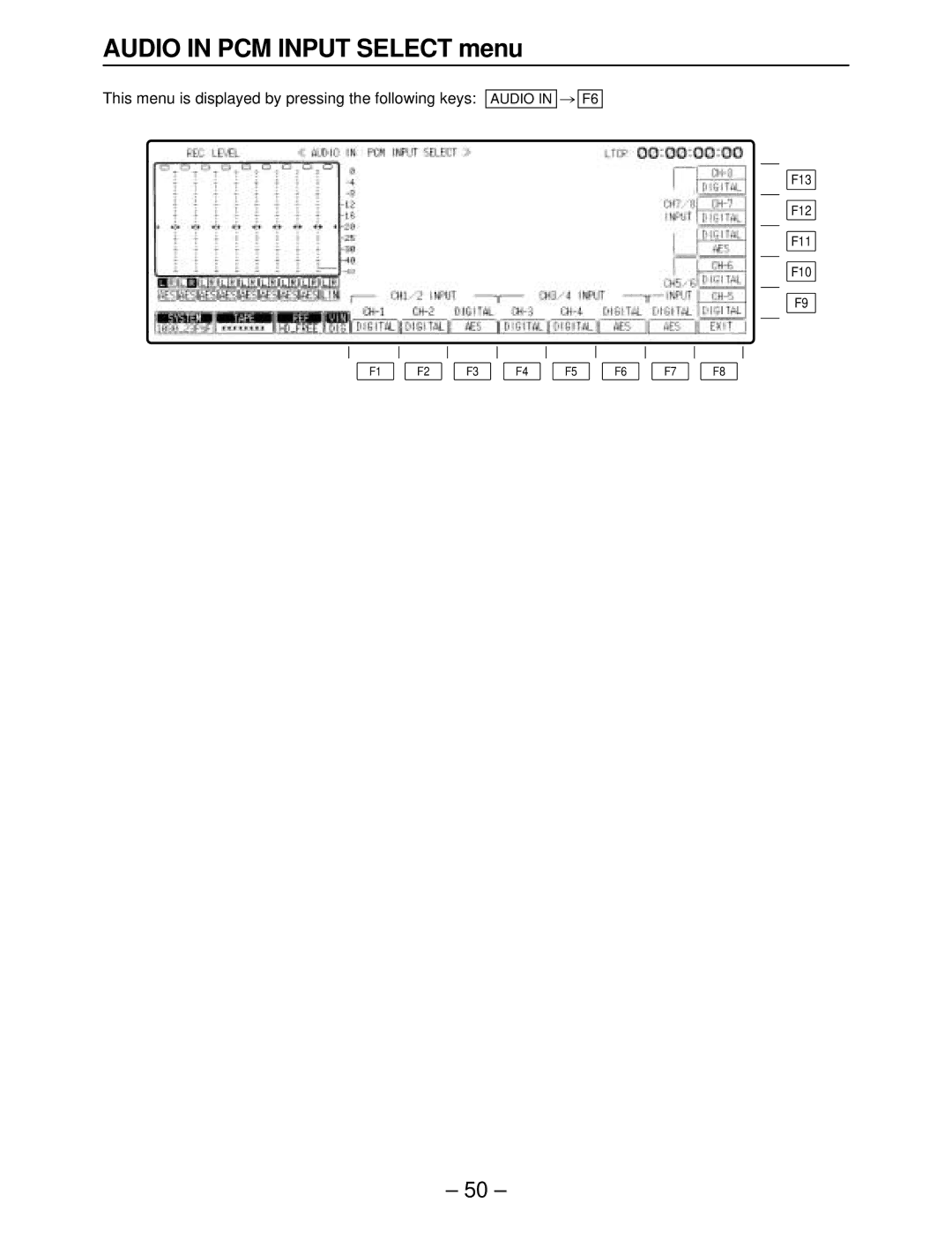 Panasonic AJ-HD2700, AJ-HD3000 manual Audio in PCM Input Select menu, This menu is displayed by pressing the following keys 