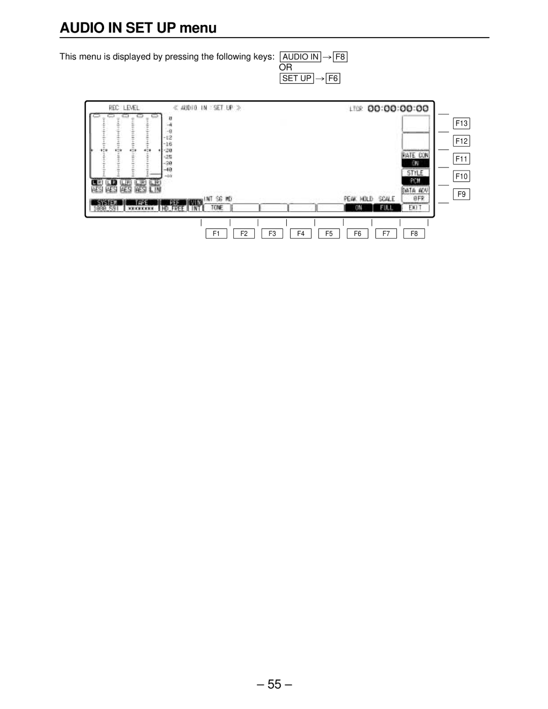 Panasonic AJ-HD2000, AJ-HD3000, AJ-HD2700 Audio in SET UP menu, This menu is displayed by pressing the following keys Audio 