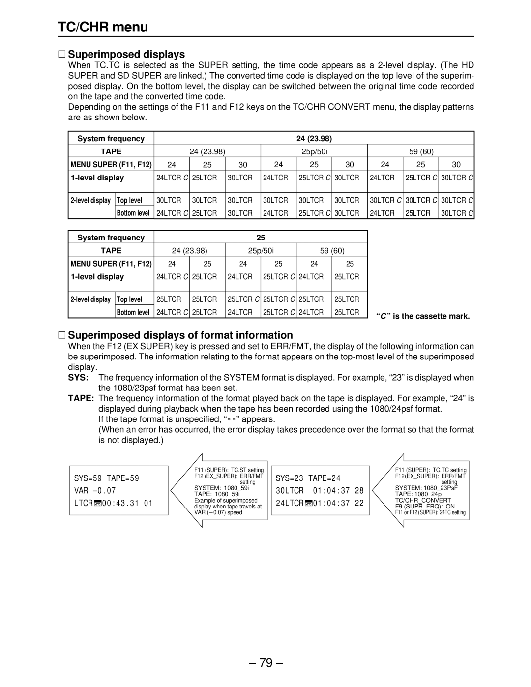 Panasonic AJ-HD2000 ∑ Superimposed displays of format information, SYS=23 TAPE=24 30LTCR 01 04 37 24LTCR 01 04 37 