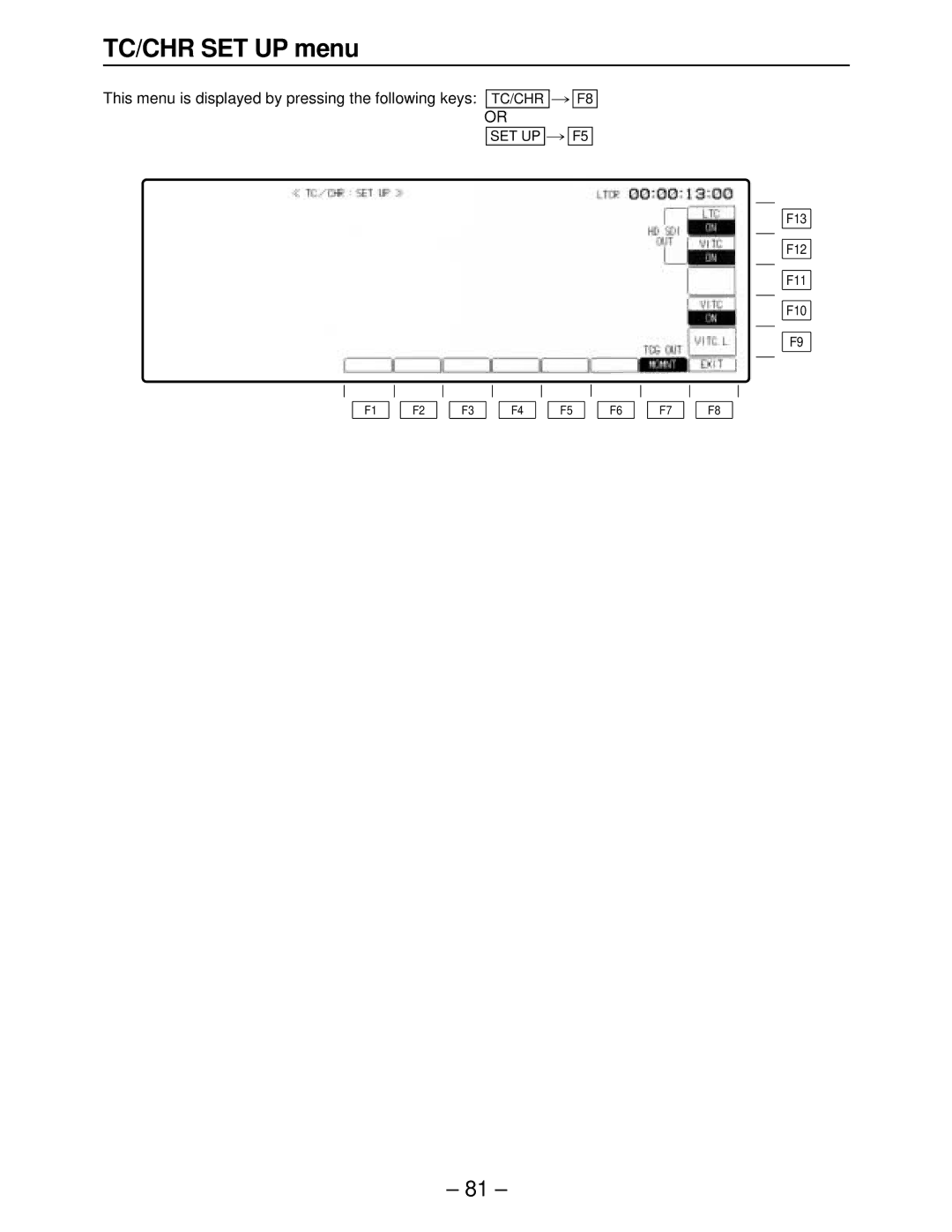 Panasonic AJ-HD3700A, AJ-HD3000, AJ-HD2000 TC/CHR SET UP menu, This menu is displayed by pressing the following keys TC/CHR 