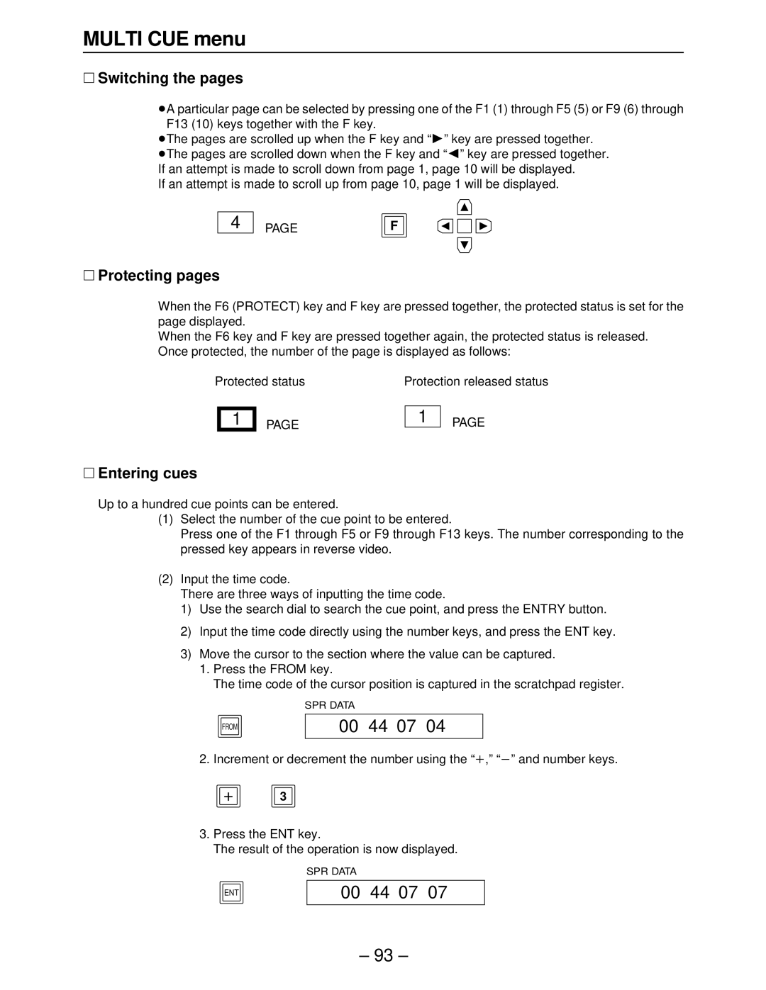 Panasonic AJ-HD3700A, AJ-HD3000, AJ-HD2000, AJ-HD2700 manual ∑ Switching the pages, ∑ Protecting pages, ∑ Entering cues, Pagef 