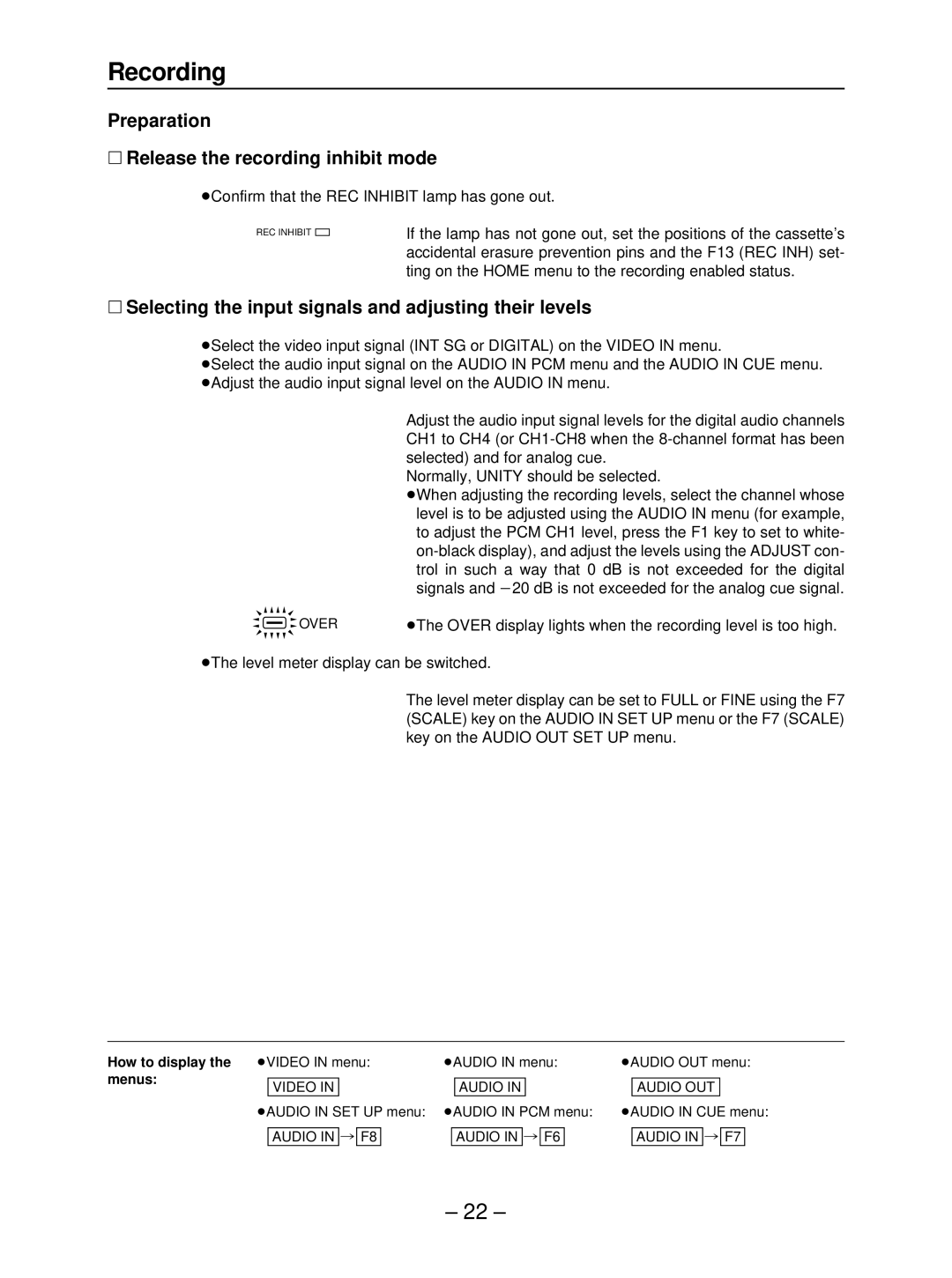 Panasonic AJ-HD3700B manual Recording, Preparation ∑ Release the recording inhibit mode 