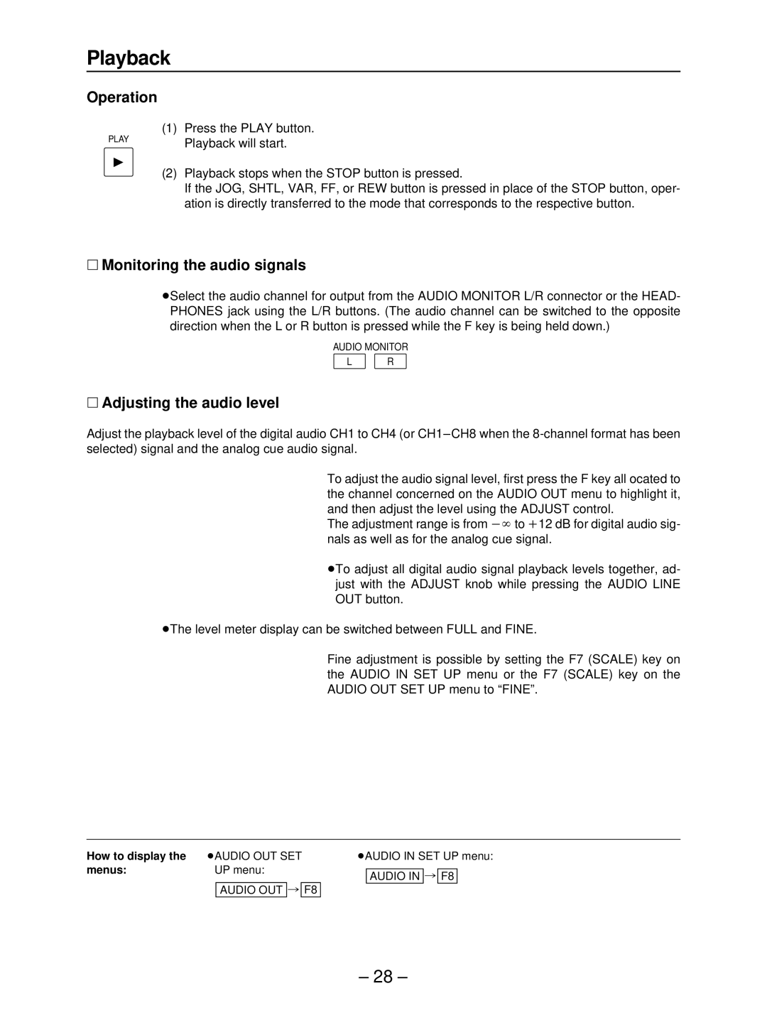 Panasonic AJ-HD3700B manual Playback, ∑ Monitoring the audio signals, ∑ Adjusting the audio level, Press the Play button 