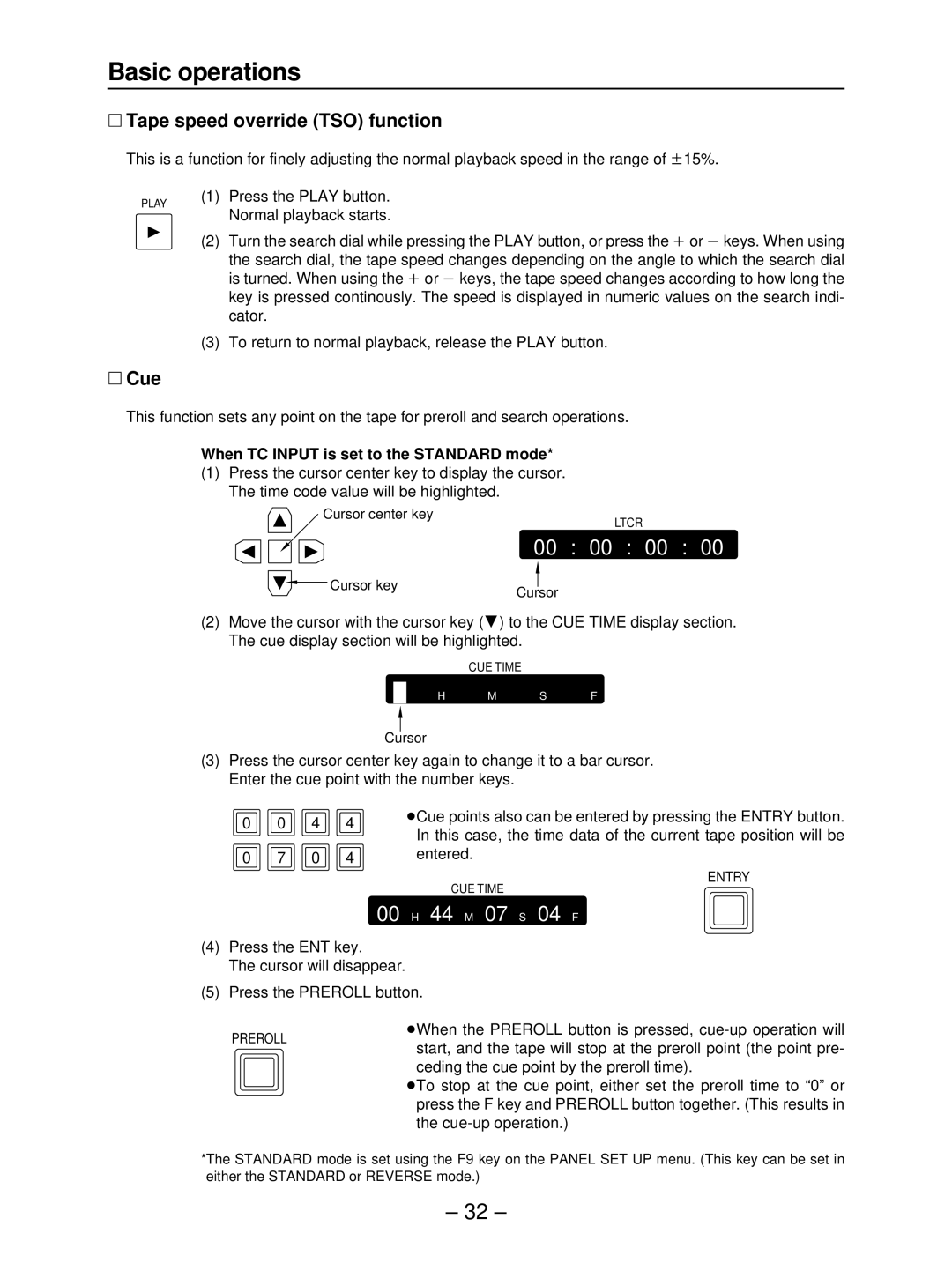 Panasonic AJ-HD3700B manual ∑ Tape speed override TSO function, ∑ Cue, When TC Input is set to the Standard mode 