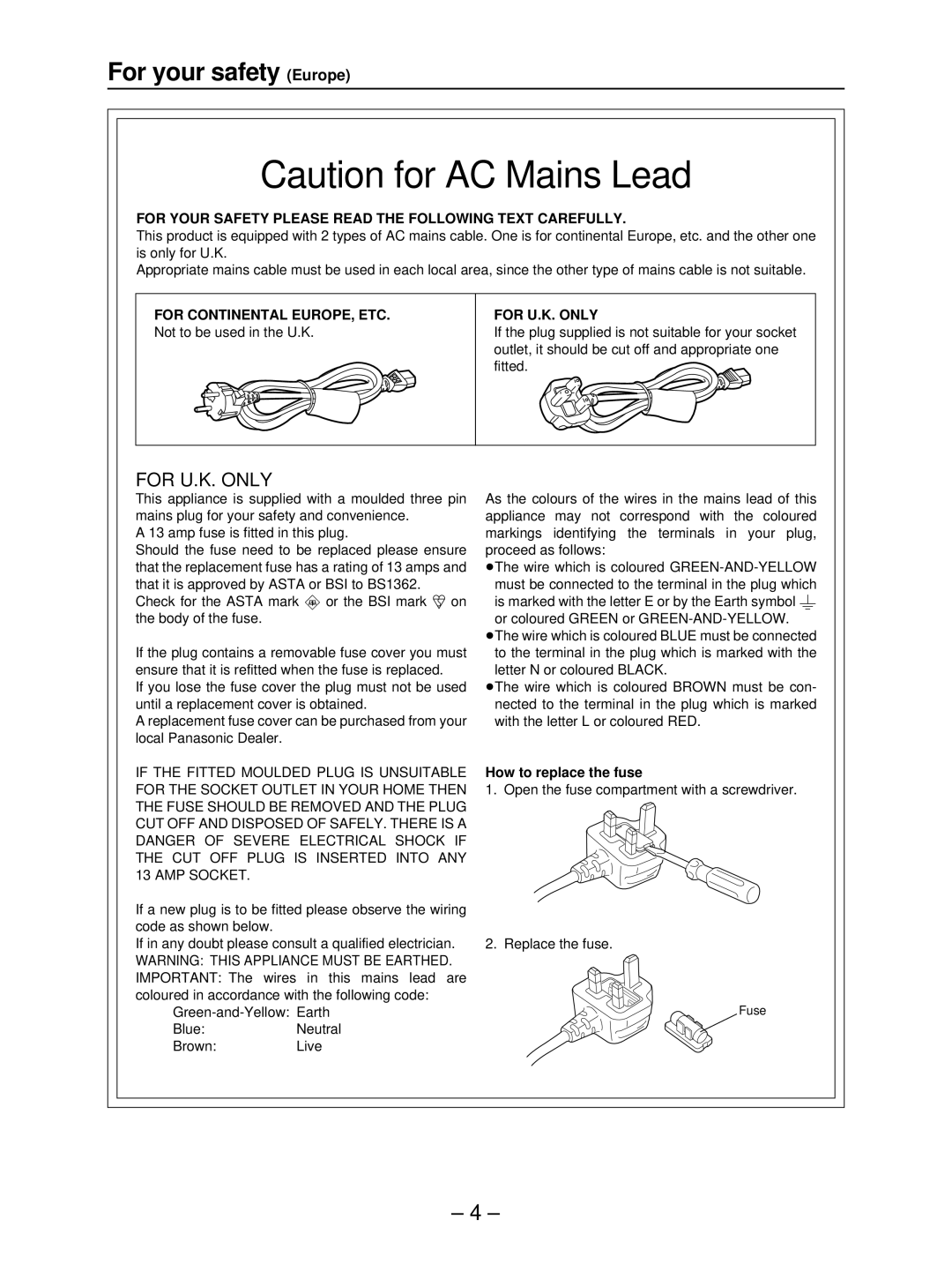 Panasonic AJ-HD3700B manual For your safety Europe, For Your Safety Please Read the Following Text Carefully 