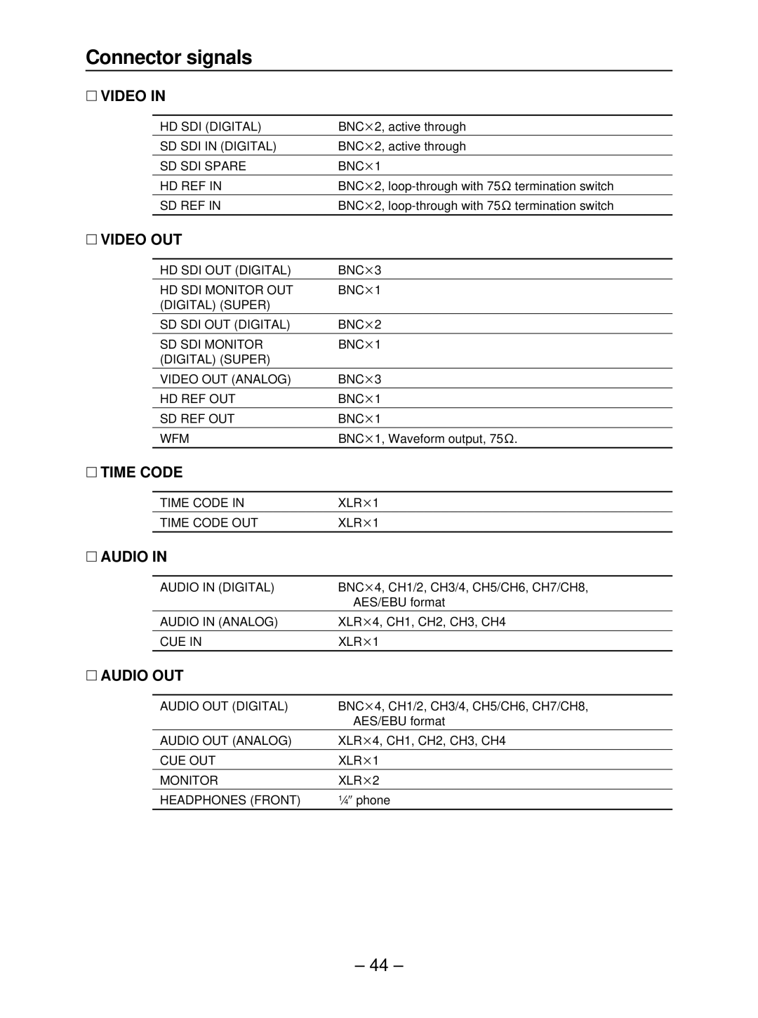 Panasonic AJ-HD3700B manual Connector signals 