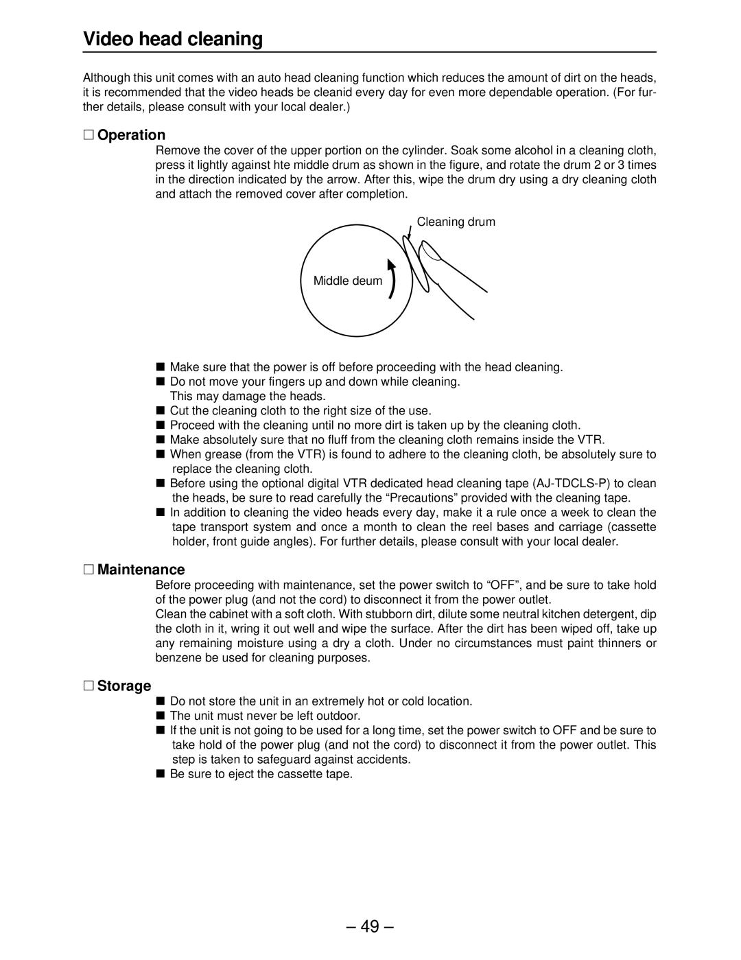 Panasonic AJ-HD3700B manual Video head cleaning, ∑ Operation, ∑ Maintenance, ∑ Storage 