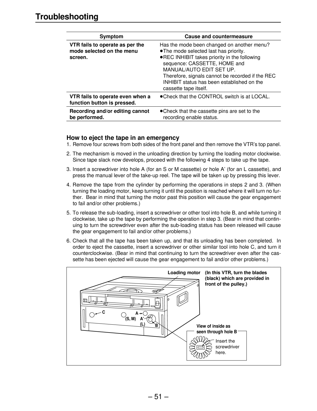 Panasonic AJ-HD3700B manual Troubleshooting, How to eject the tape in an emergency 