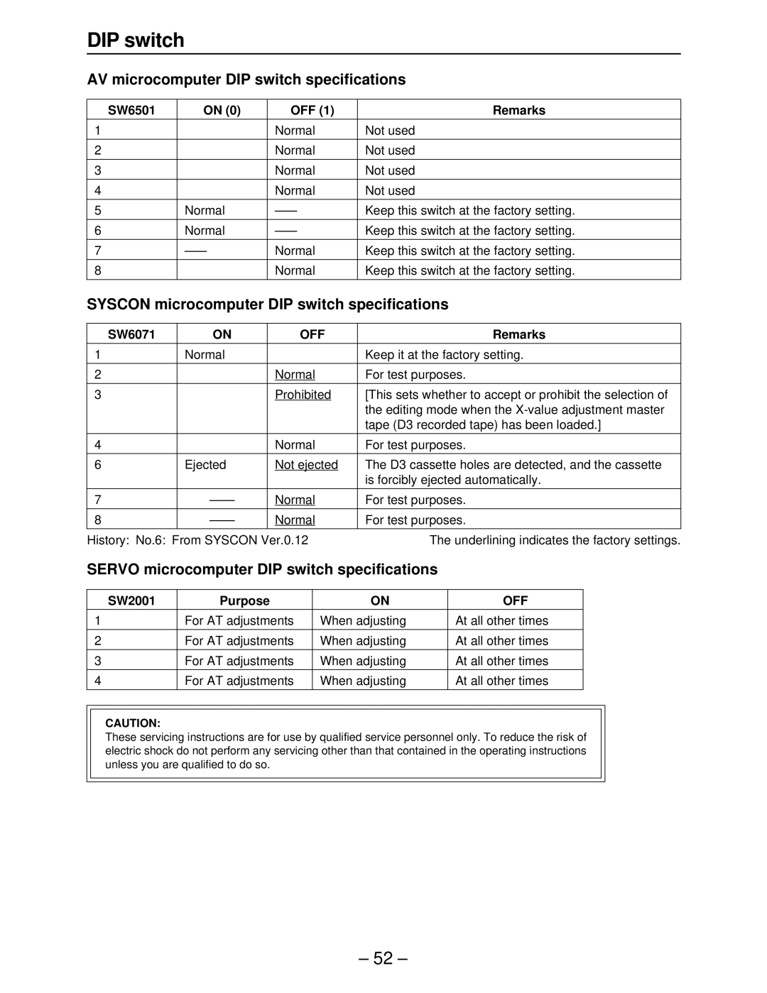 Panasonic AJ-HD3700B AV microcomputer DIP switch specifications, Syscon microcomputer DIP switch specifications, Off 