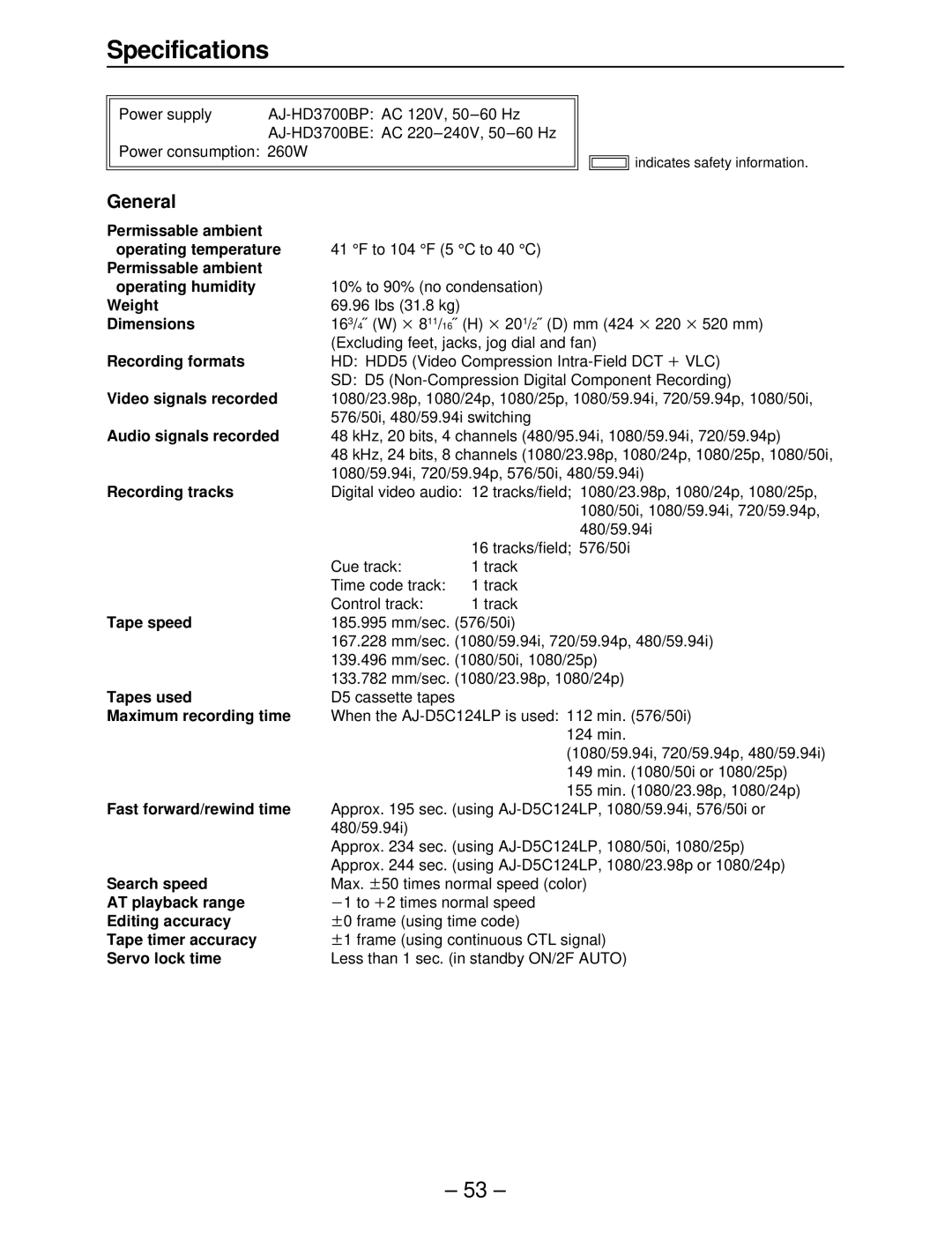 Panasonic AJ-HD3700B manual Specifications, General 