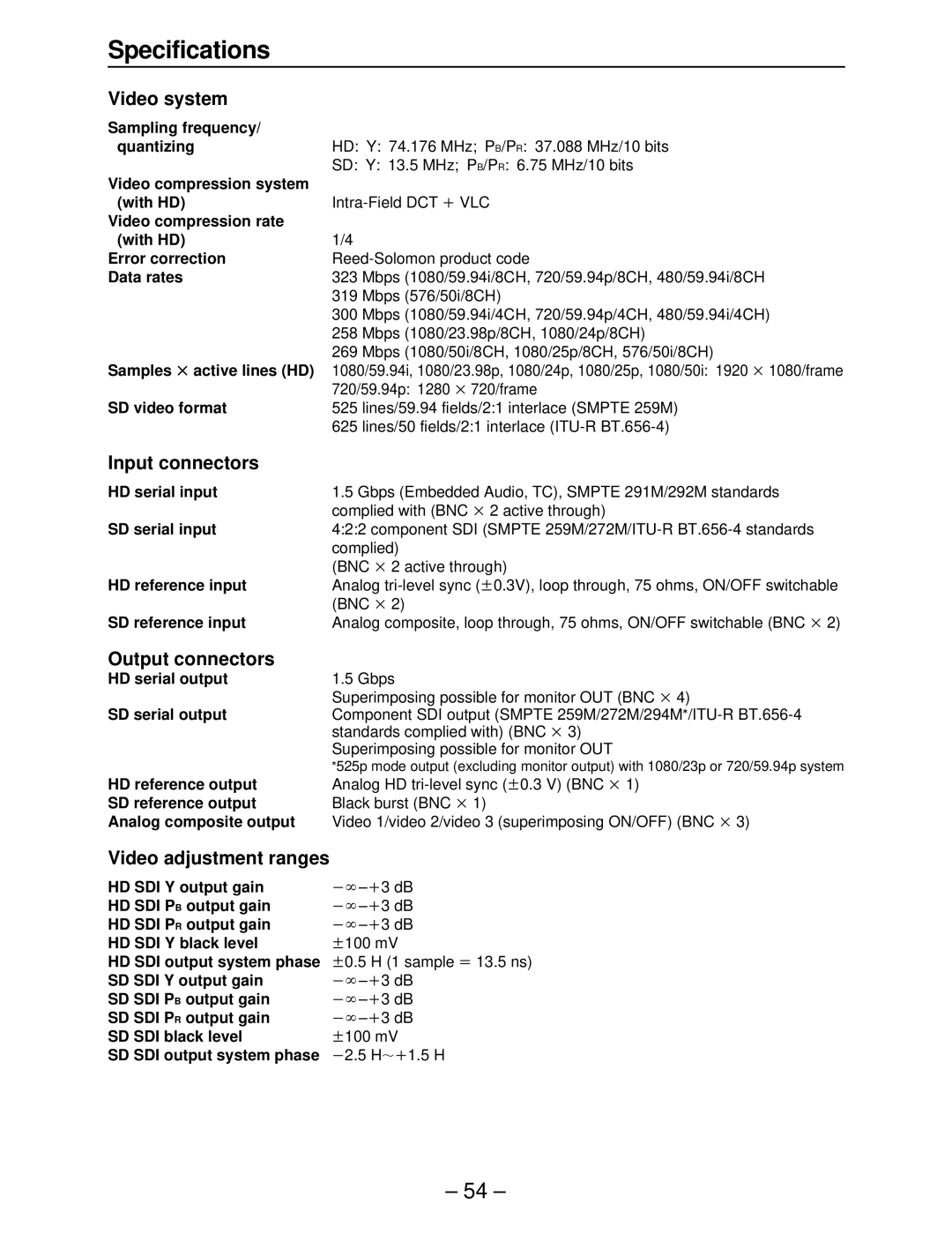 Panasonic AJ-HD3700B manual Video system, Input connectors, Output connectors, Video adjustment ranges 