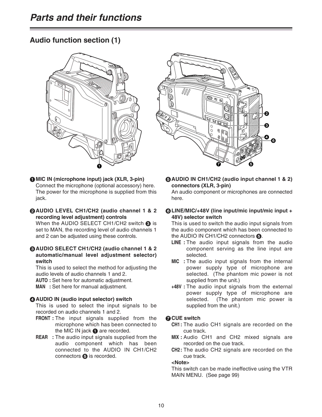 Panasonic AJ-HDC27A operating instructions Audio function section, Audio in audio input selector switch, CUE switch 