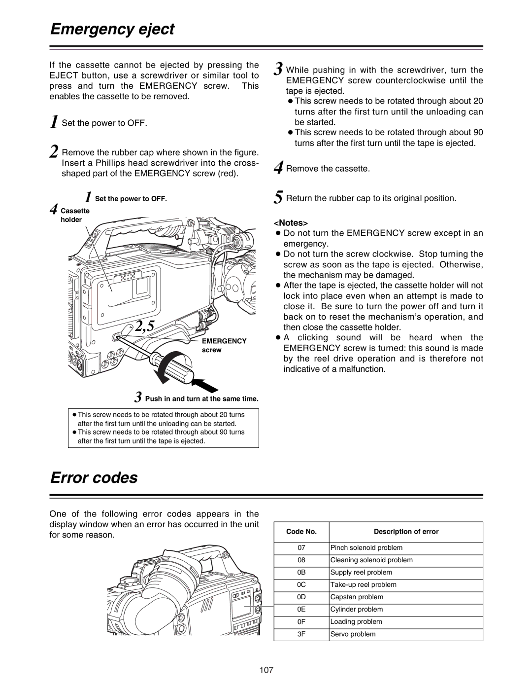 Panasonic AJ-HDC27A operating instructions Emergency eject, Error codes, 107 