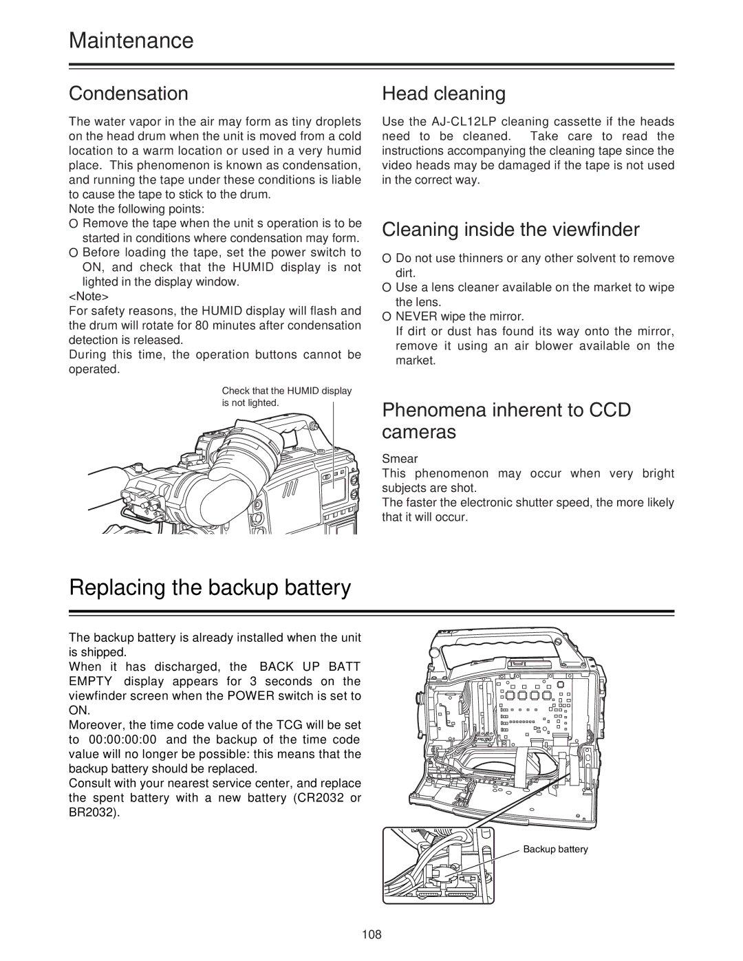 Panasonic AJ-HDC27A Maintenance, Replacing the backup battery, Condensation Head cleaning, Cleaning inside the viewfinder 