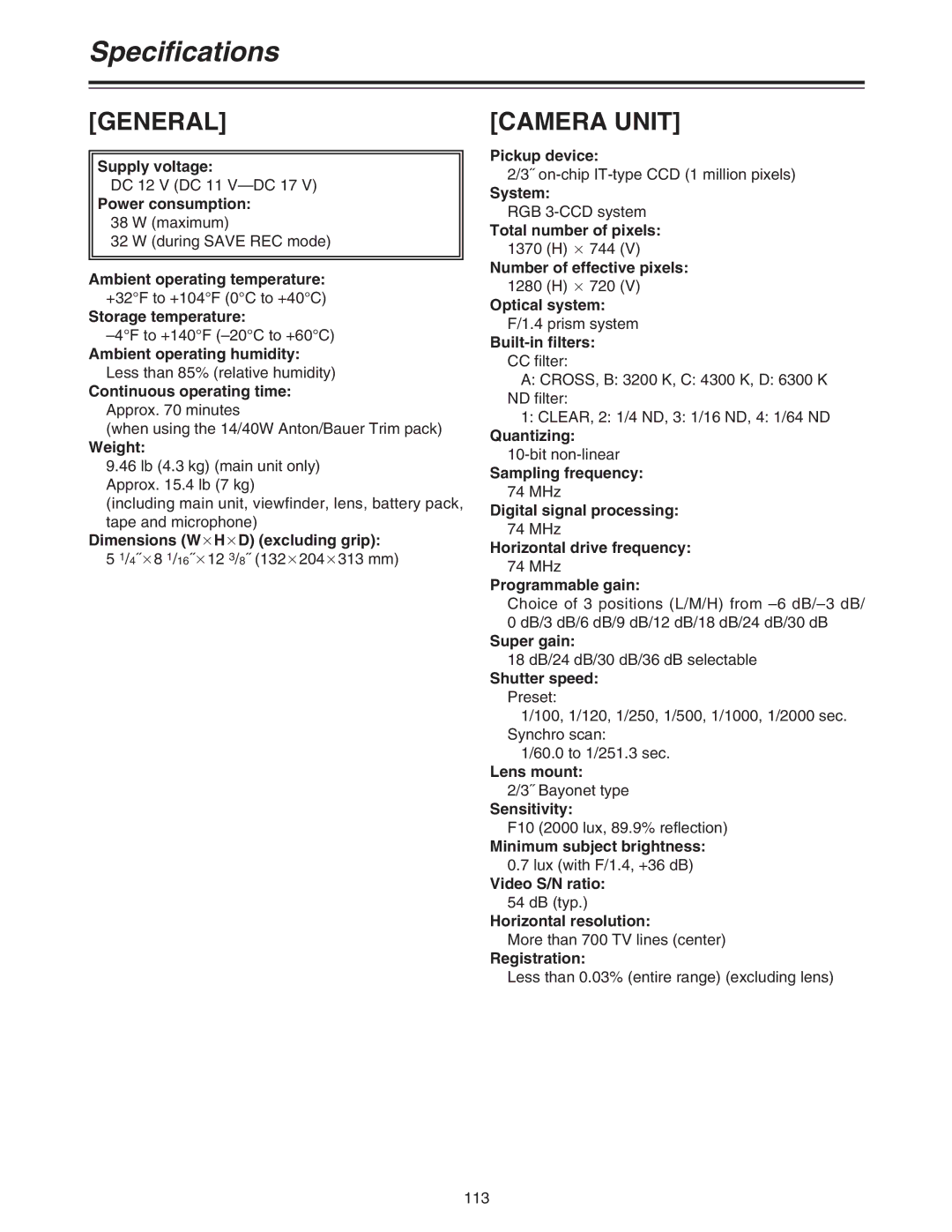 Panasonic AJ-HDC27A operating instructions Specifications 