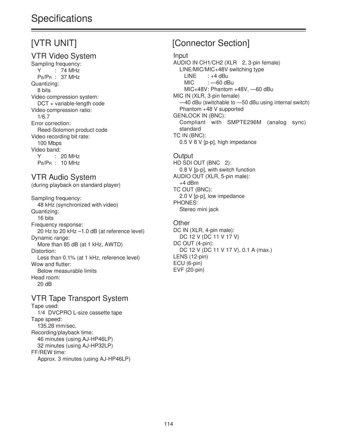 Panasonic AJ-HDC27A operating instructions Connector Section, VTR Video System, VTR Audio System, VTR Tape Transport System 