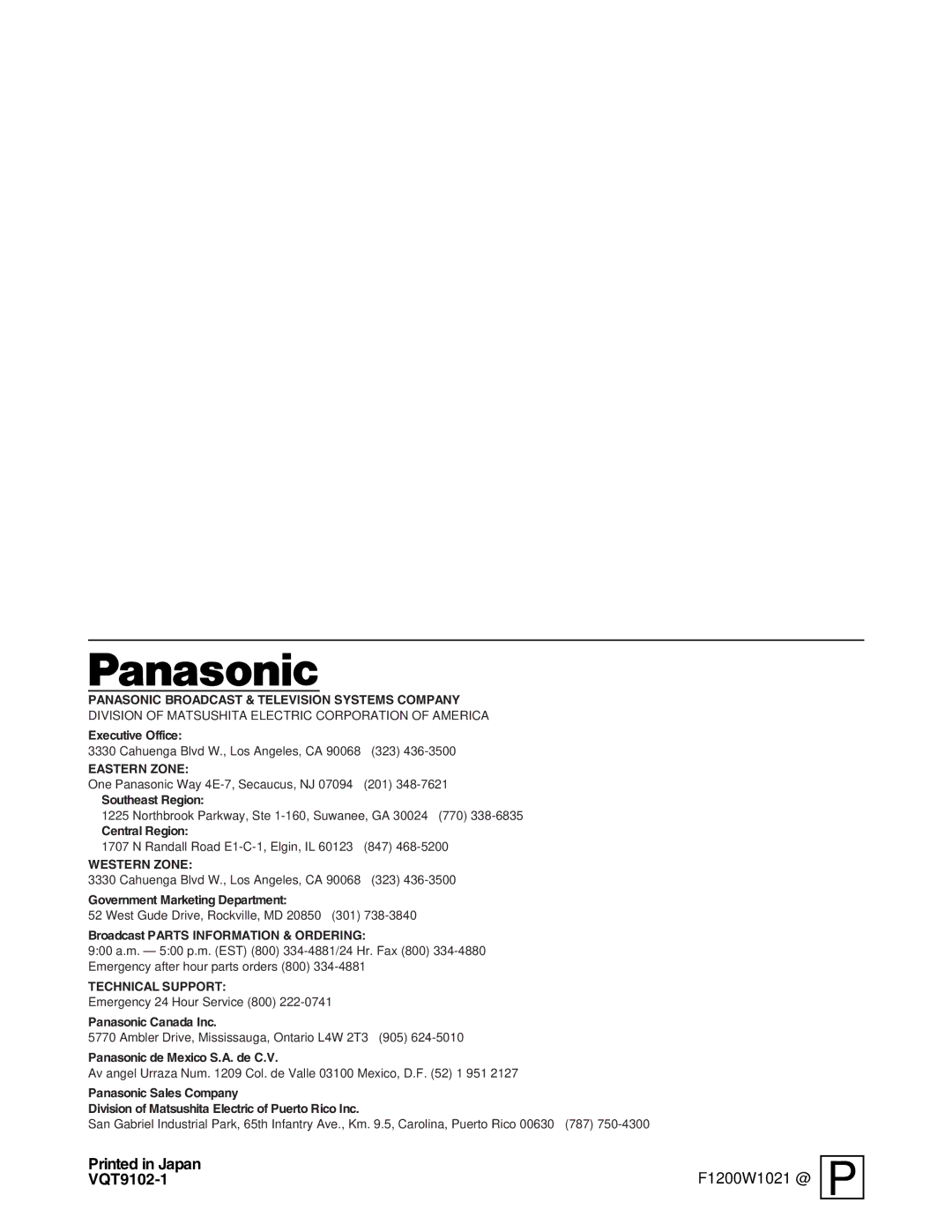 Panasonic AJ-HDC27A operating instructions F1200W1021 @, VQT9102-1 