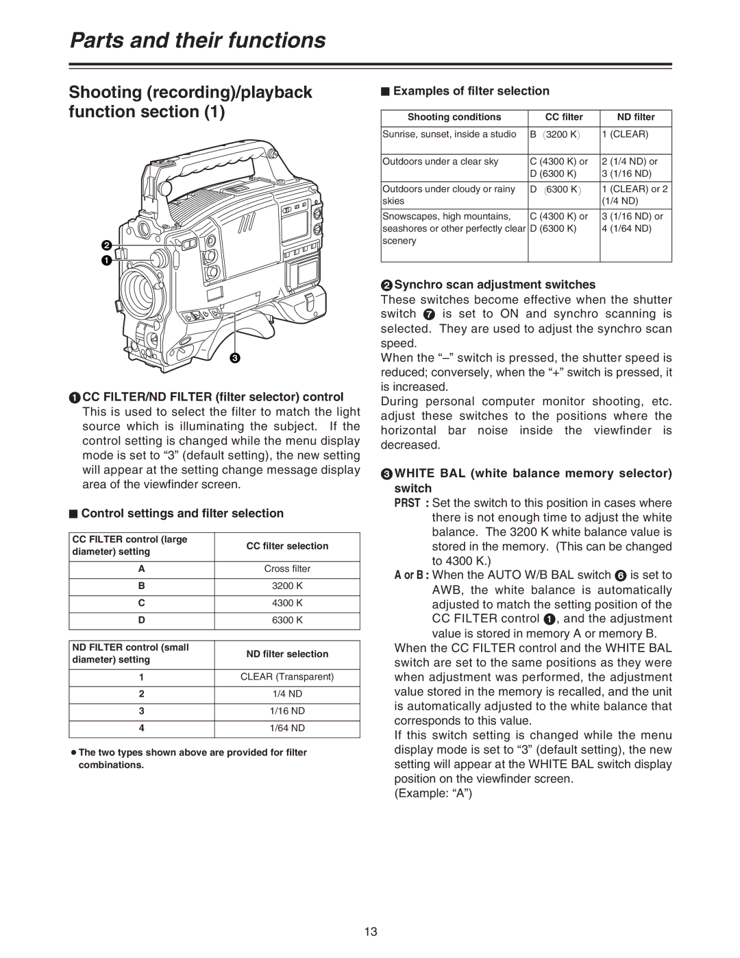 Panasonic AJ-HDC27A operating instructions $ Examples of filter selection, Synchro scan adjustment switches 