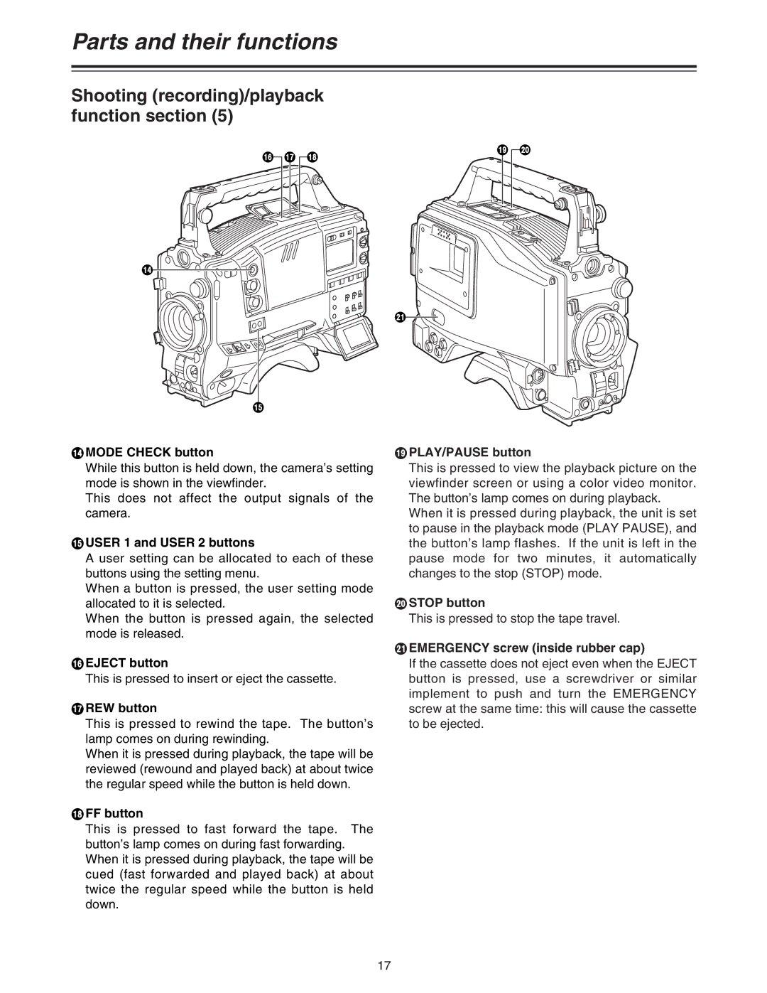 Panasonic AJ-HDC27A Mode Check button, ? User 1 and User 2 buttons, @ Eject button, REW button, FF button, Stop button 