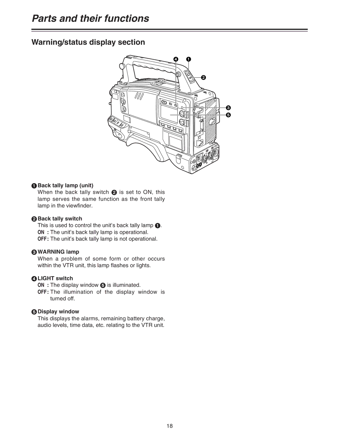 Panasonic AJ-HDC27A operating instructions Back tally lamp unit, Back tally switch, Light switch, Display window 