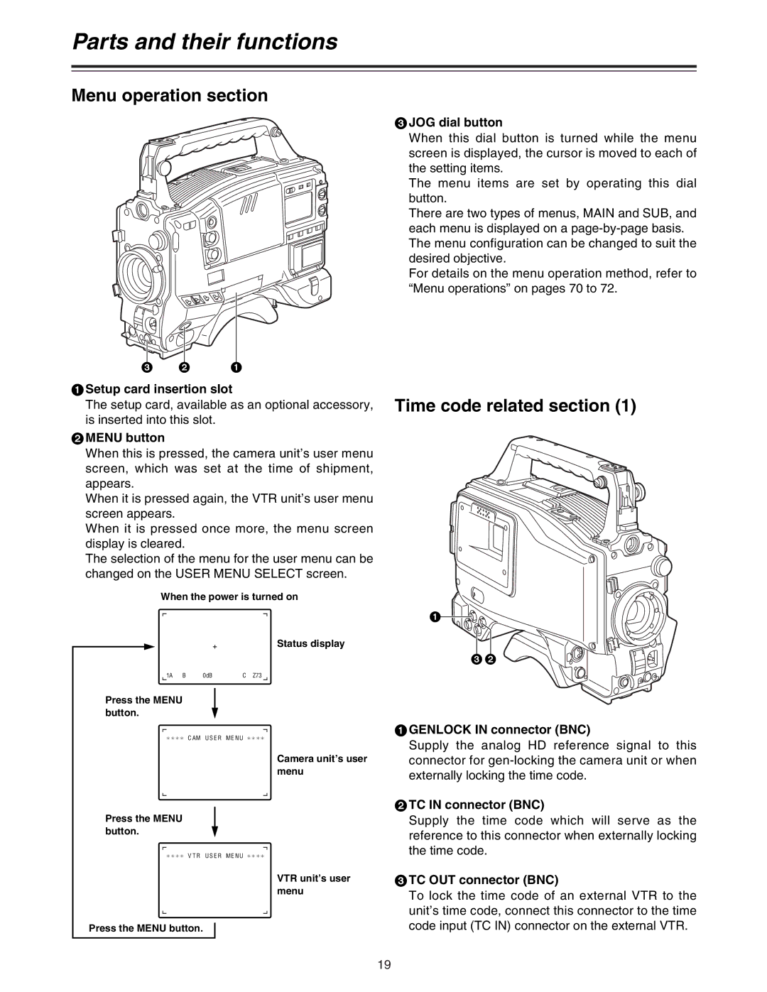 Panasonic AJ-HDC27A operating instructions Menu operation section, Time code related section 