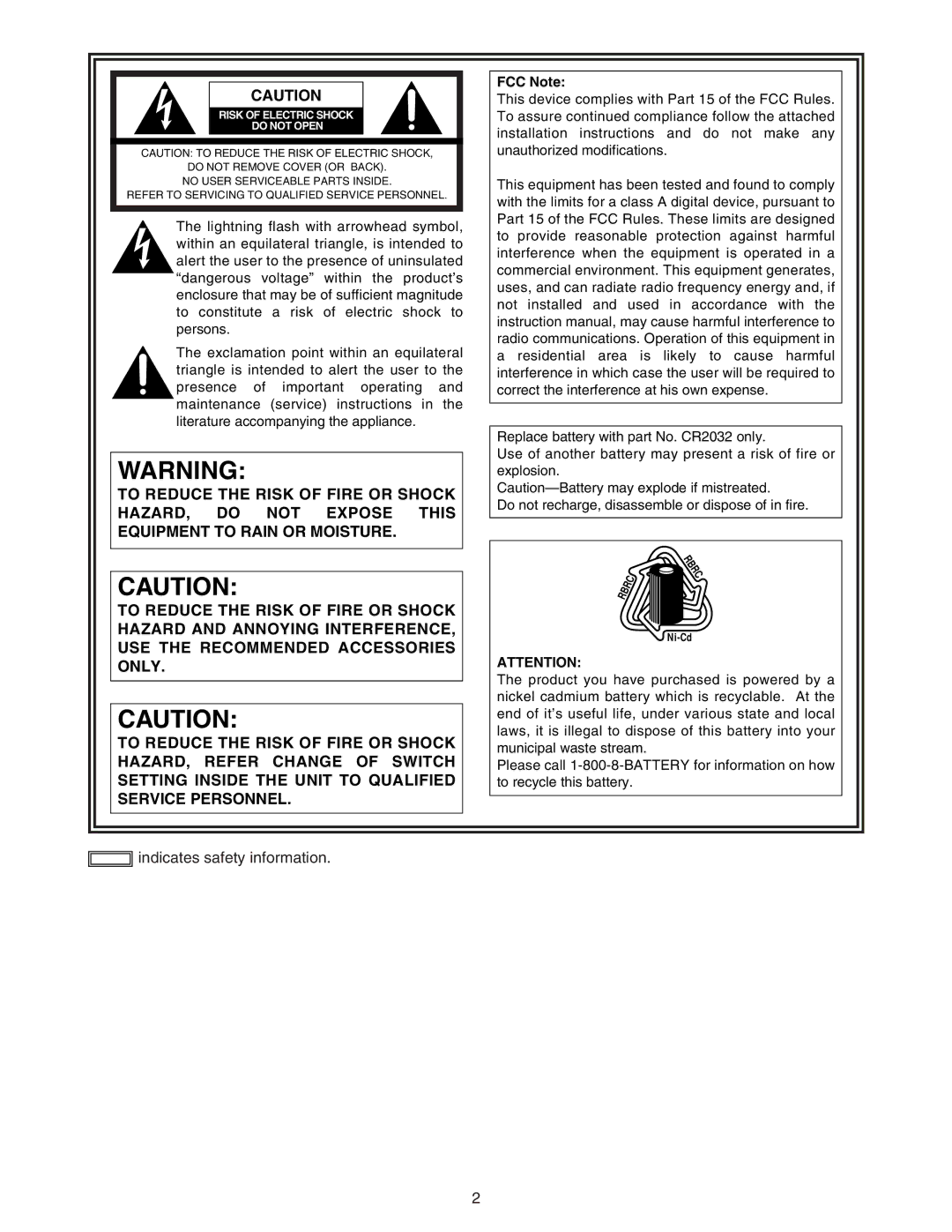 Panasonic AJ-HDC27A operating instructions Indicates safety information, FCC Note 