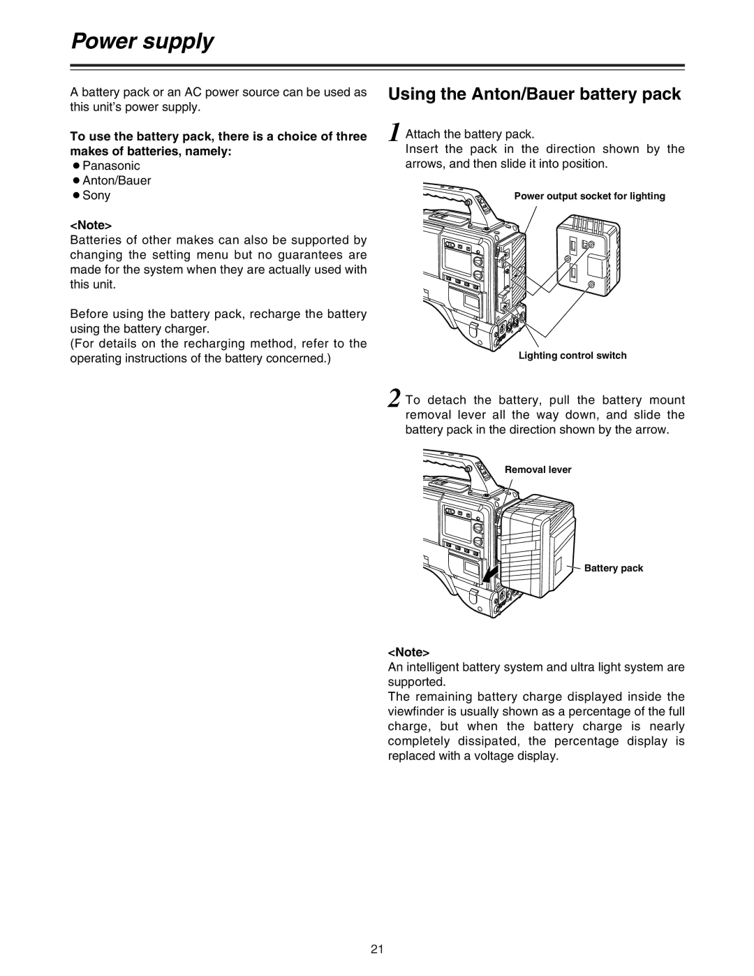 Panasonic AJ-HDC27A operating instructions Power supply, Using the Anton/Bauer battery pack, Removal lever Battery pack 