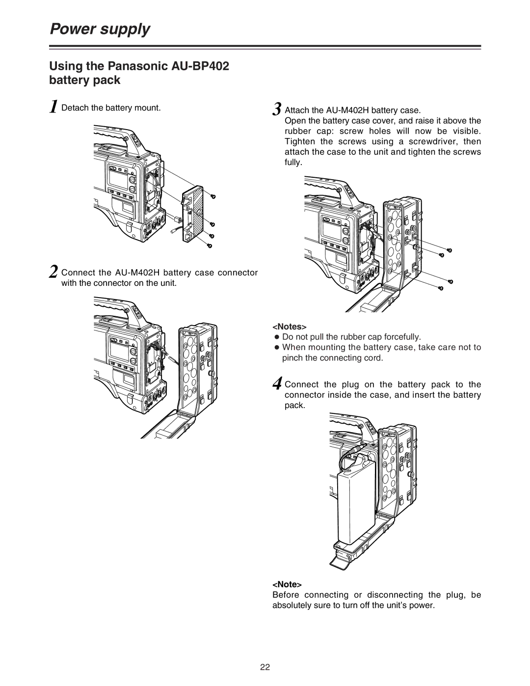 Panasonic AJ-HDC27A operating instructions Using the Panasonic AU-BP402 battery pack 