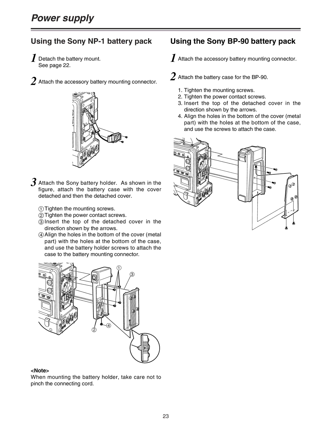 Panasonic AJ-HDC27A operating instructions Using the Sony NP-1 battery pack, Using the Sony BP-90 battery pack 