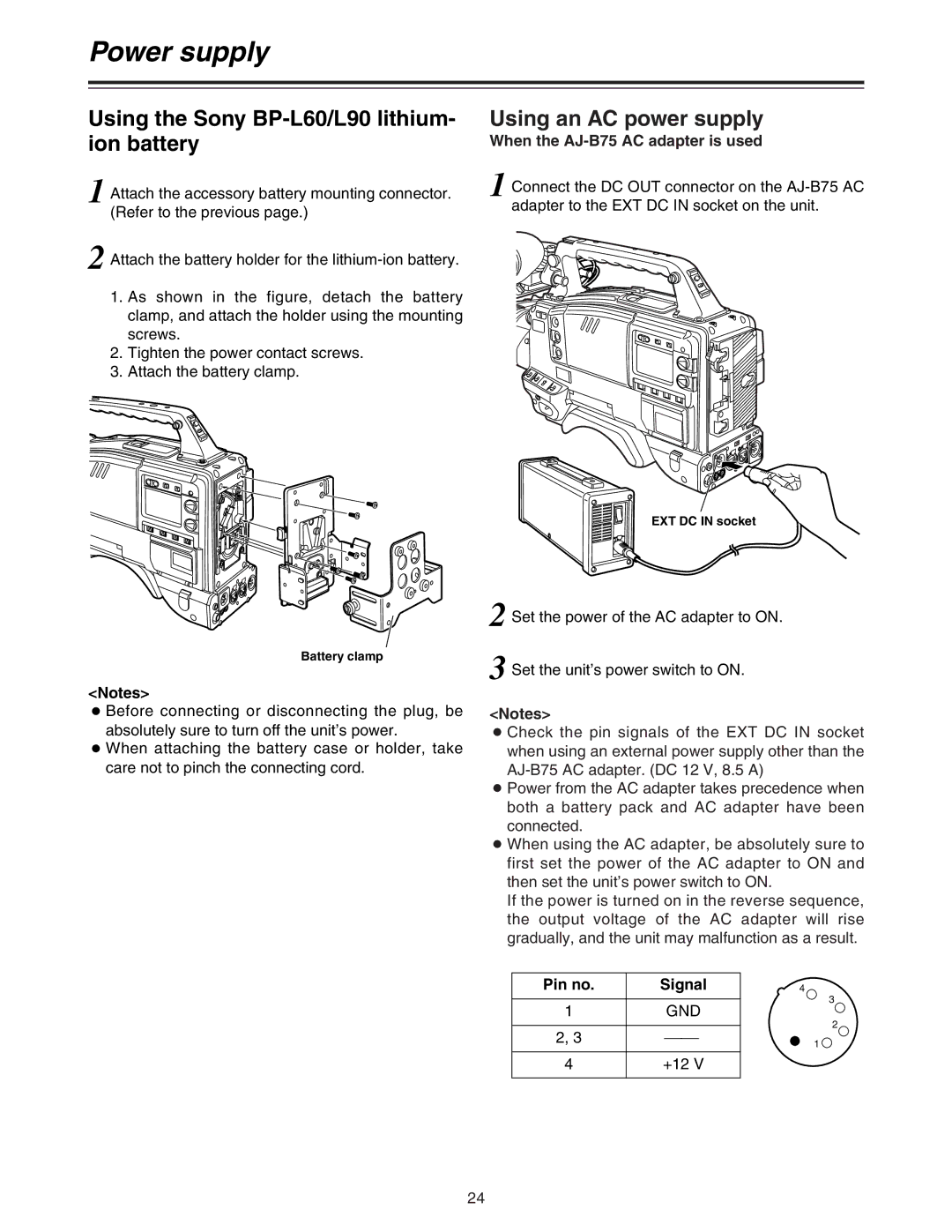 Panasonic AJ-HDC27A Using the Sony BP-L60/L90 lithium- ion battery, Using an AC power supply, Pin no, +12 