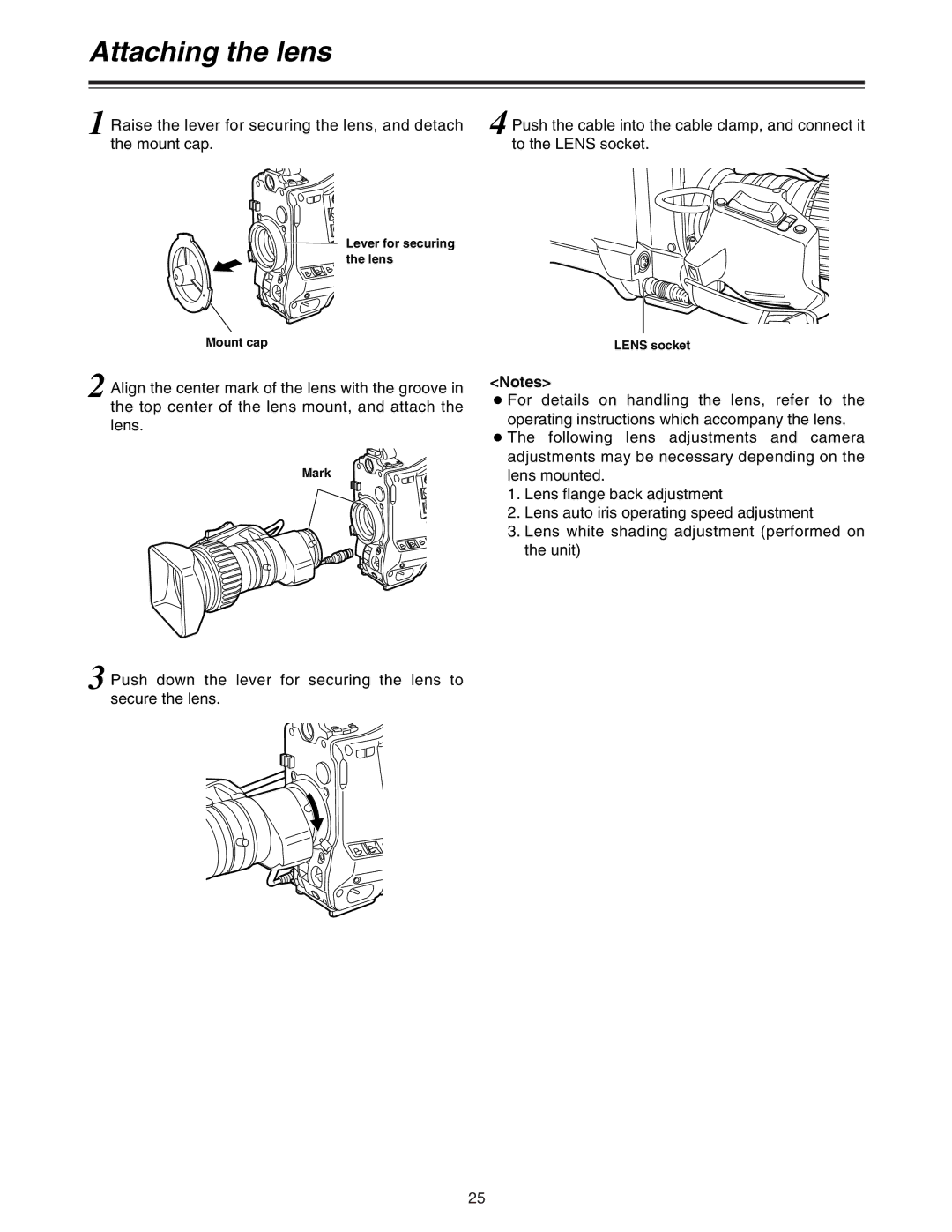 Panasonic AJ-HDC27A operating instructions Attaching the lens, Mount cap, Mark, Lens socket 