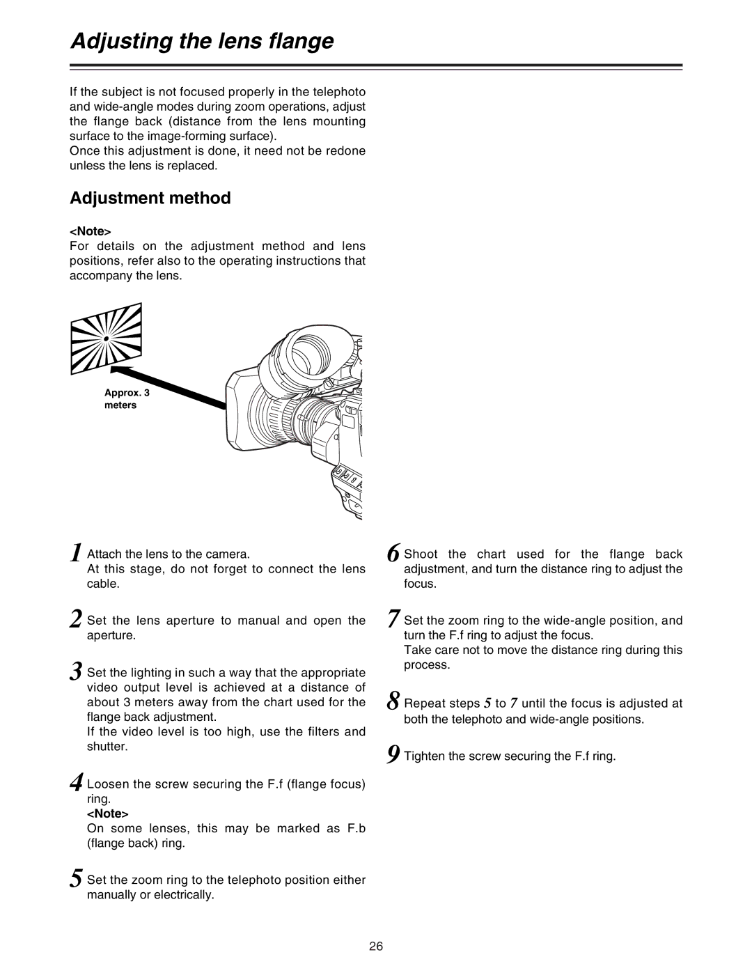 Panasonic AJ-HDC27A operating instructions Adjusting the lens flange, Adjustment method, Approx meters 