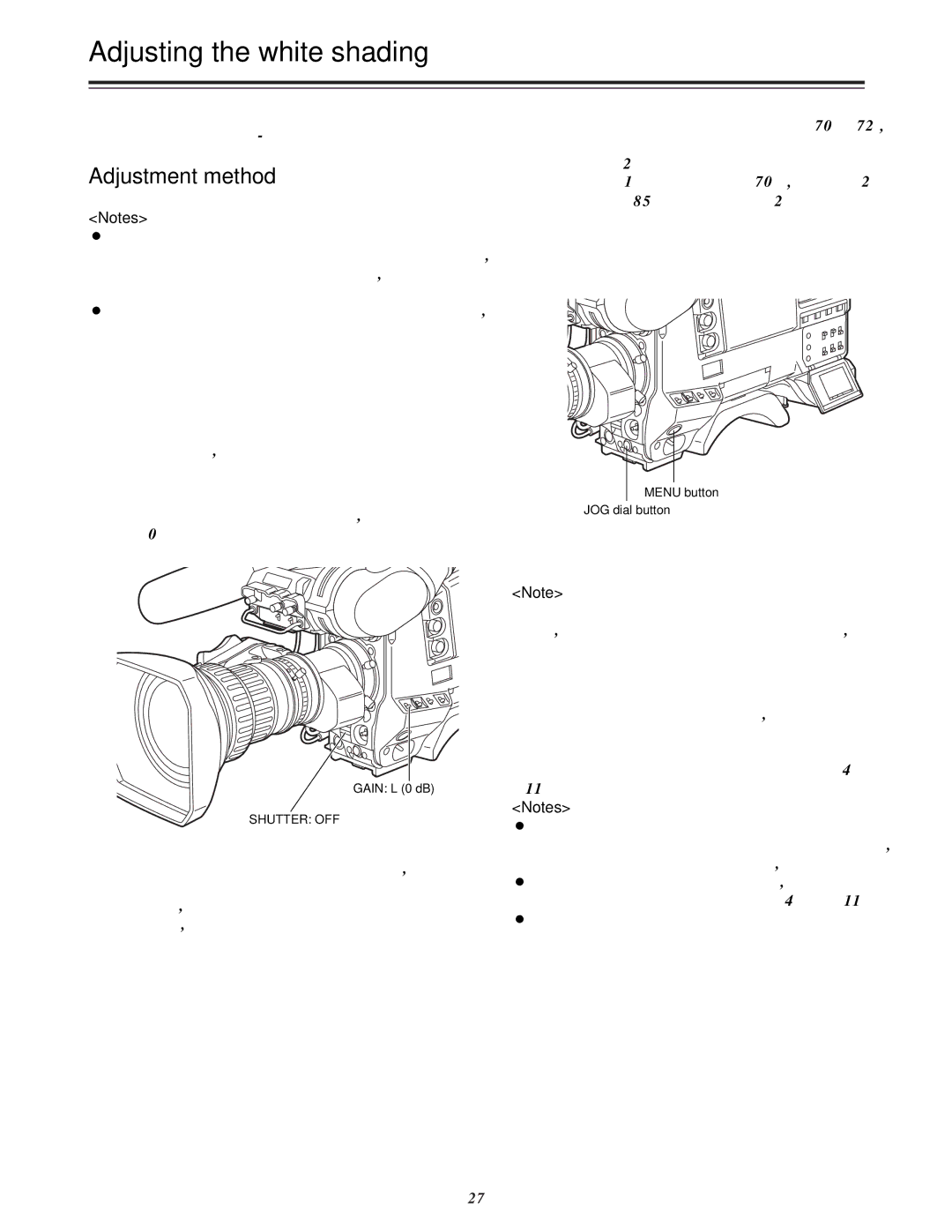 Panasonic AJ-HDC27A Adjusting the white shading, Gain L 0 dB, Shutter OFF, Menu button JOG dial button 