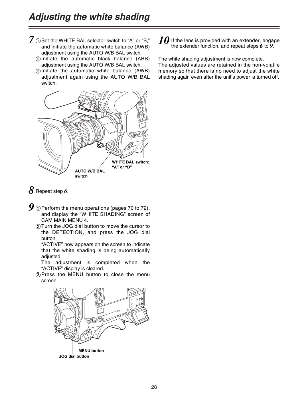 Panasonic AJ-HDC27A operating instructions CAM Main Menu, White BAL switch Or B Auto W/B BAL switch 