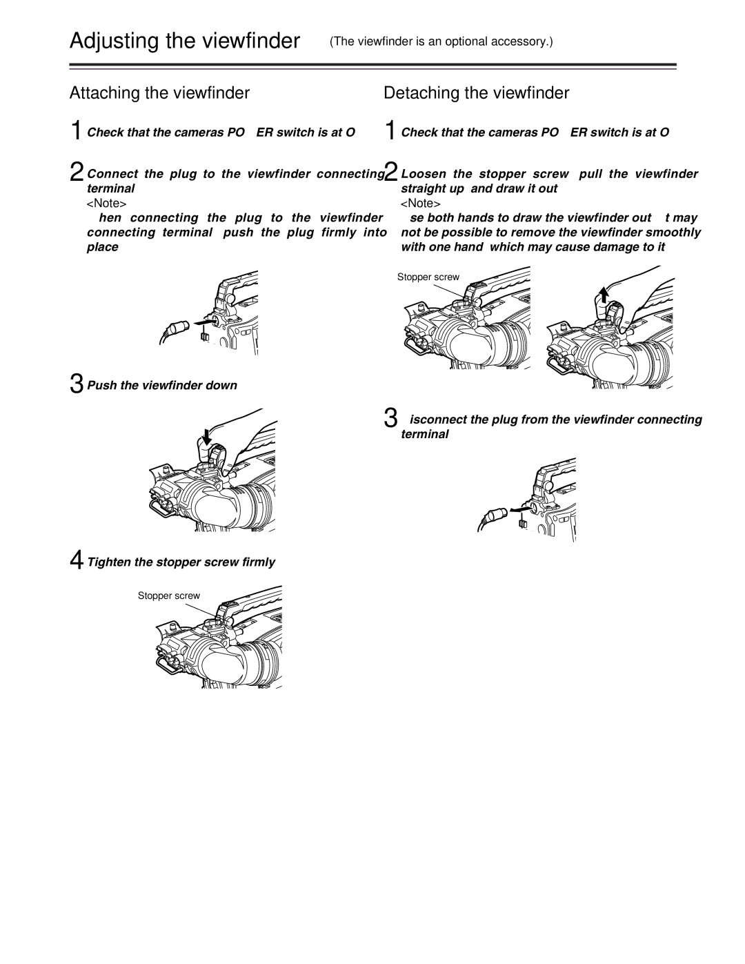 Panasonic AJ-HDC27A operating instructions Attaching the viewfinder, Stopper screw 