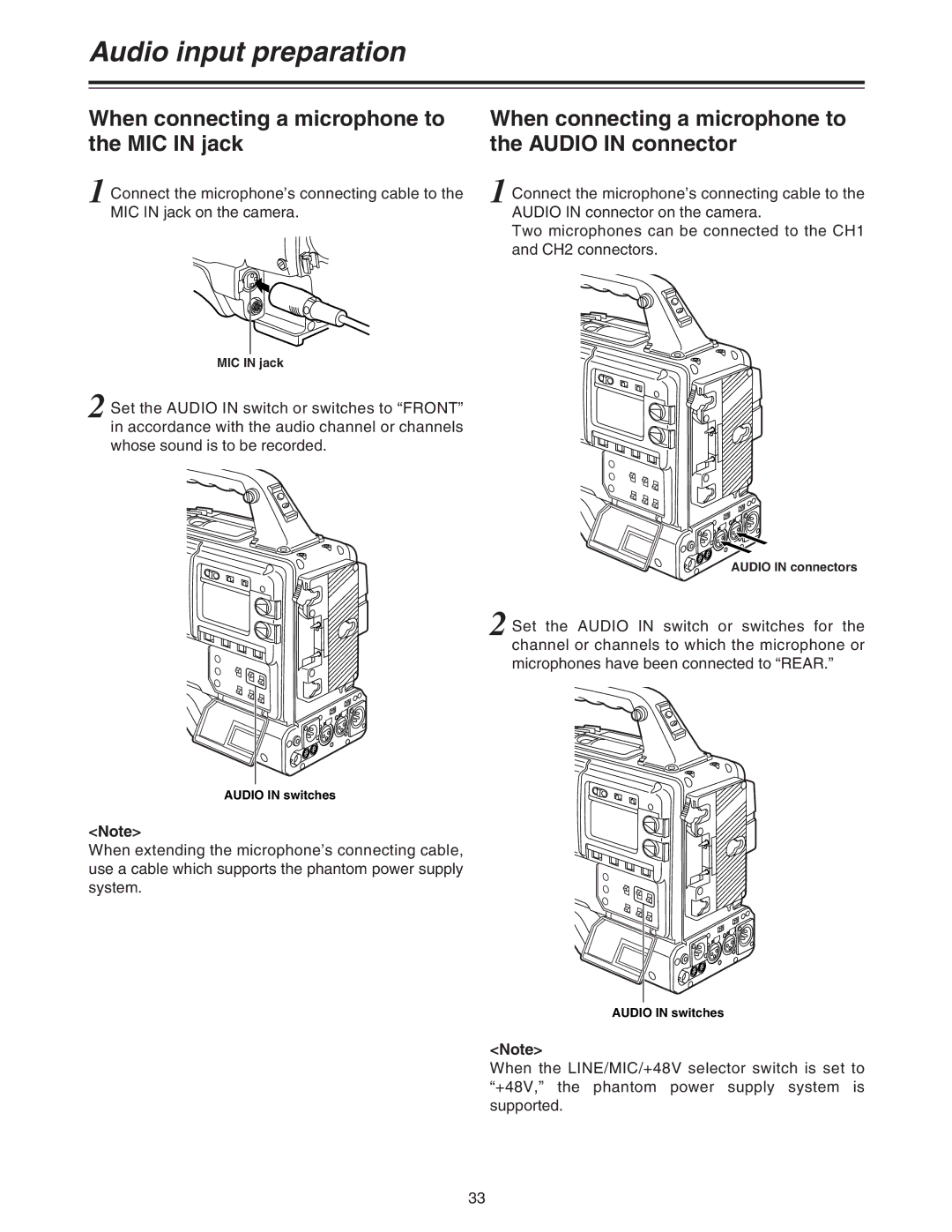 Panasonic AJ-HDC27A operating instructions When connecting a microphone to the MIC in jack, Audio in connectors 