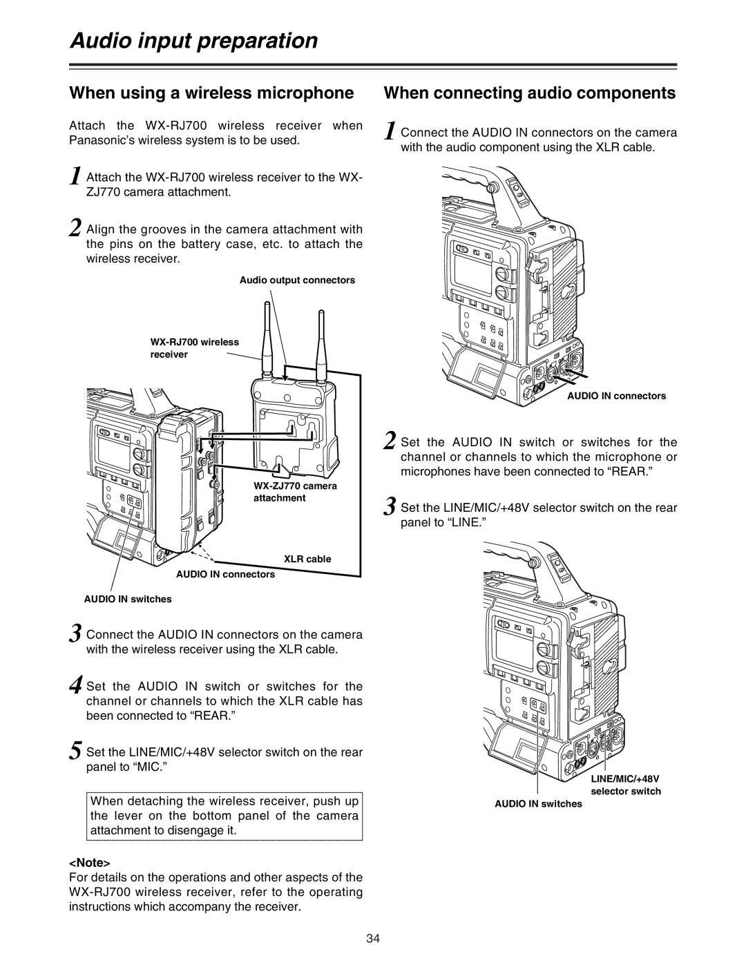 Panasonic AJ-HDC27A operating instructions When using a wireless microphone, When connecting audio components 