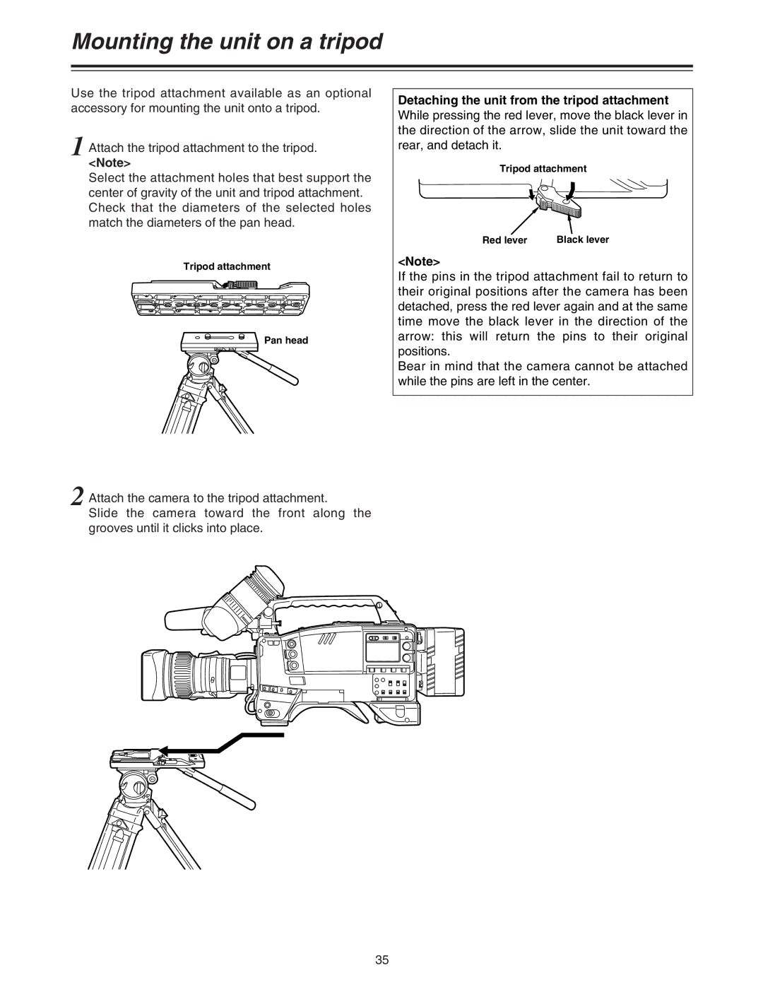 Panasonic AJ-HDC27A Mounting the unit on a tripod, Tripod attachment Pan head, Tripod attachment Red lever 