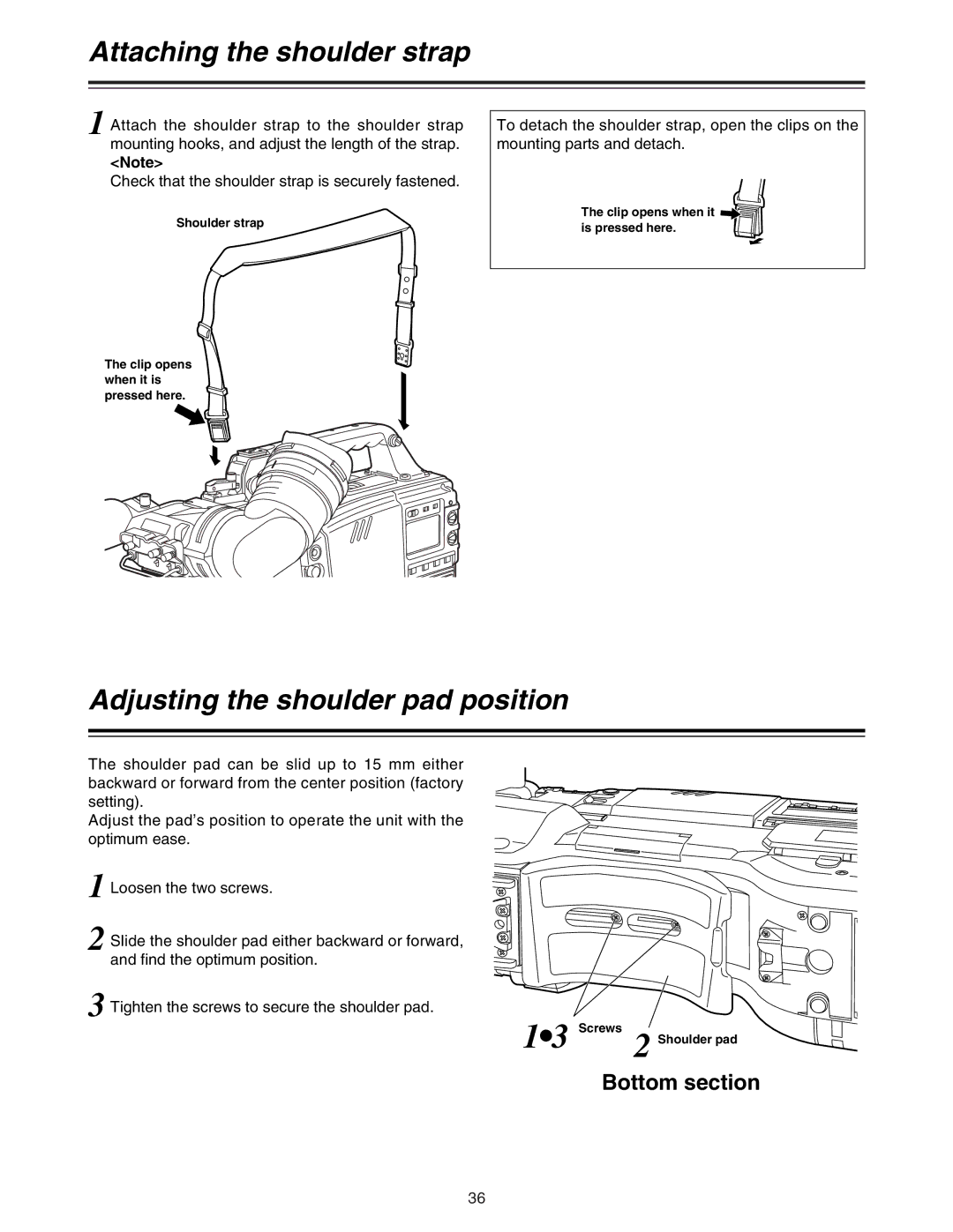 Panasonic AJ-HDC27A Attaching the shoulder strap, Adjusting the shoulder pad position, Bottom section 