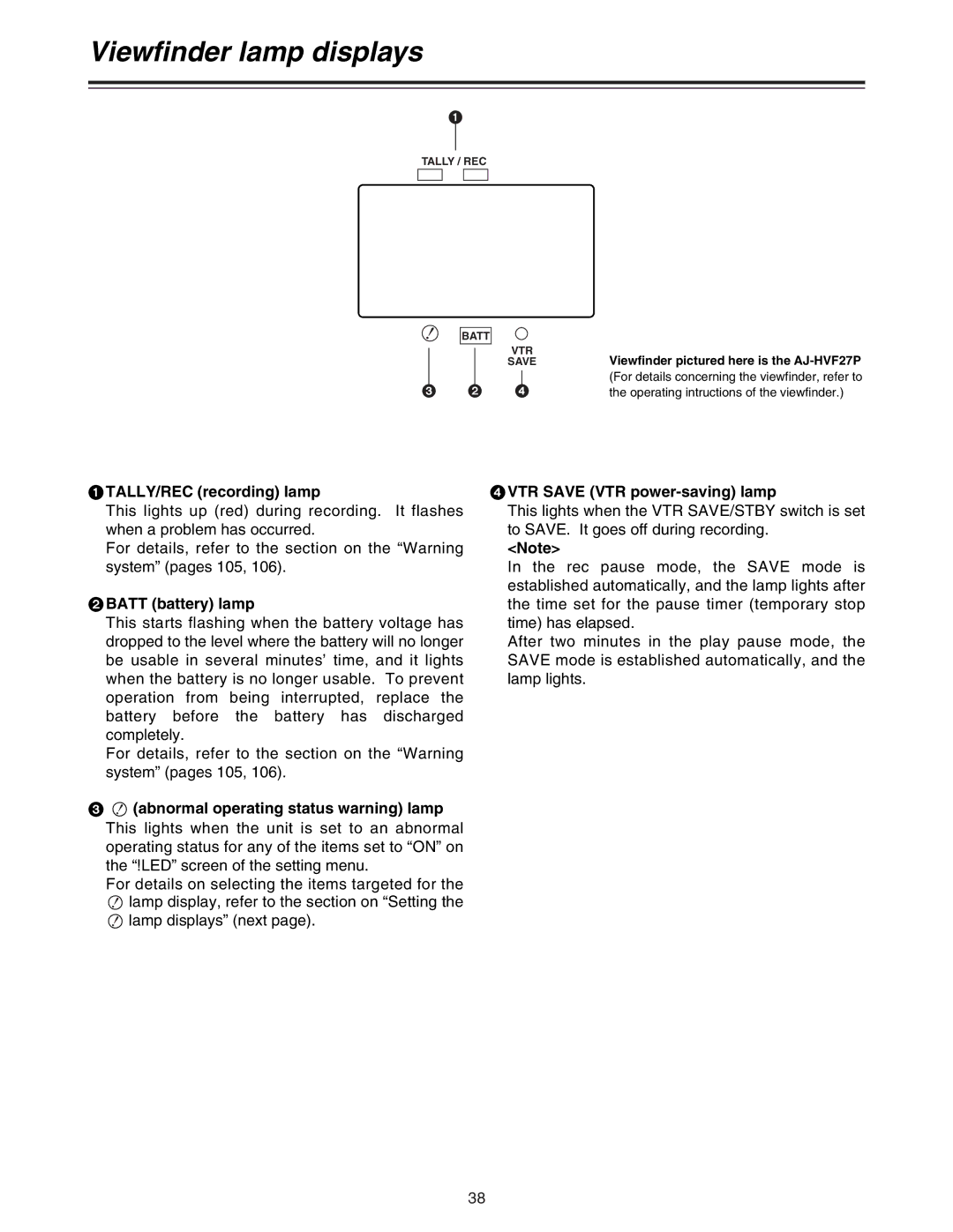 Panasonic AJ-HDC27A Viewfinder lamp displays, TALLY/REC recording lamp, Batt battery lamp, VTR Save VTR power-saving lamp 